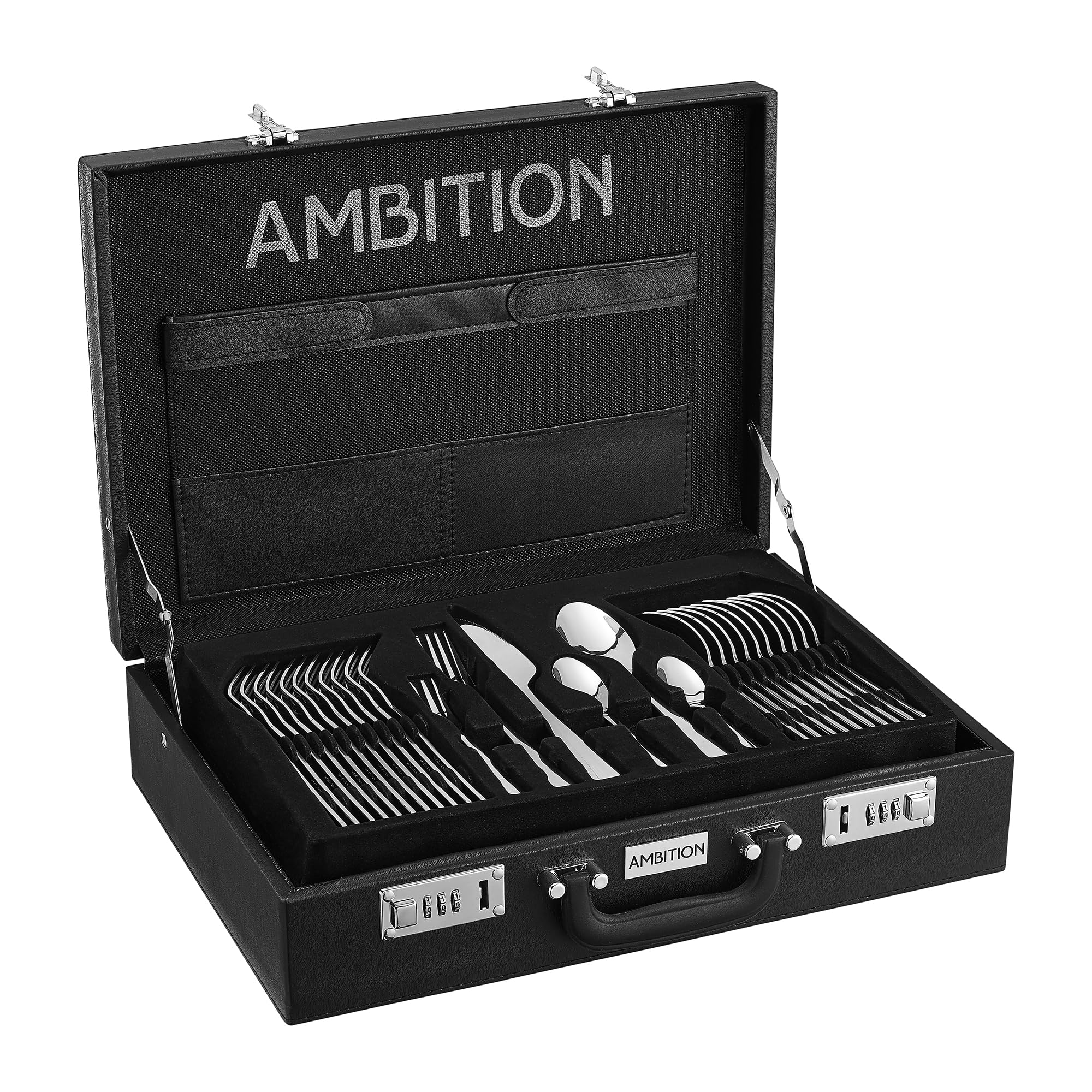 AMBITION Como - Maletín para cubertería (72 piezas, acero inoxidable pulido, con cubertería para servir, apto para lavavajillas)