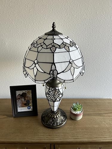 Miniatura 8 de Tiffany - Lámpara de mesa blanca con pantalla y base de vitral, estilo barroco, bombillas LED color lavanda incluidas para sala de estar,