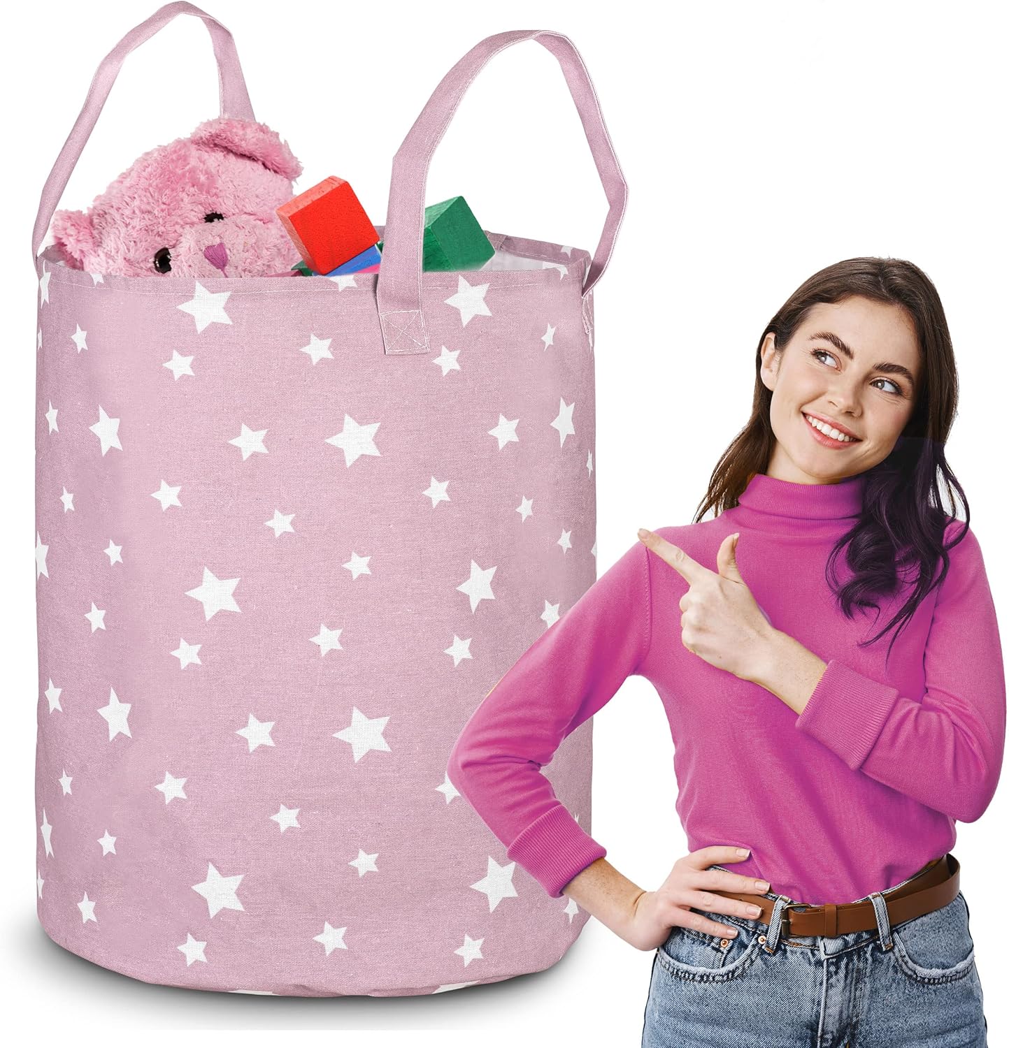 Freestanding Toy Basket for Children's Room, Large, Spacious, Charming Design, Durable Material, Easy to Clean, Strong Ears, 100% Cotton, 60 x 35 cm, Pink