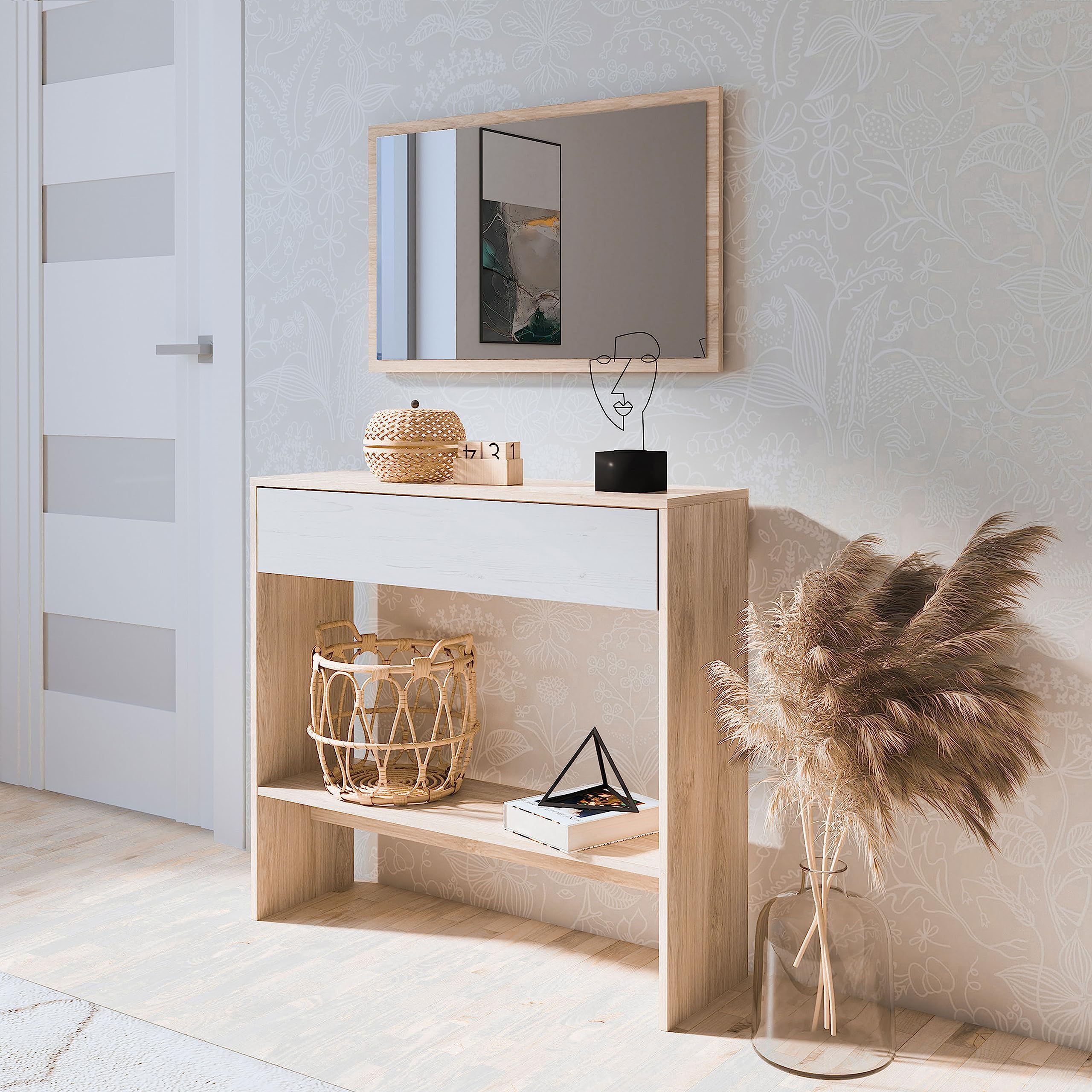 duehome | Recibidor con Cajon y Espejo, Mueble de Entrada, Mueble Auxiliar, Acabado en Tofe y Andersen, Modelo Aros, Medidas: 91,5 cm (Largo) x 27,9 cm (Fondo) x 85 cm (Alto)