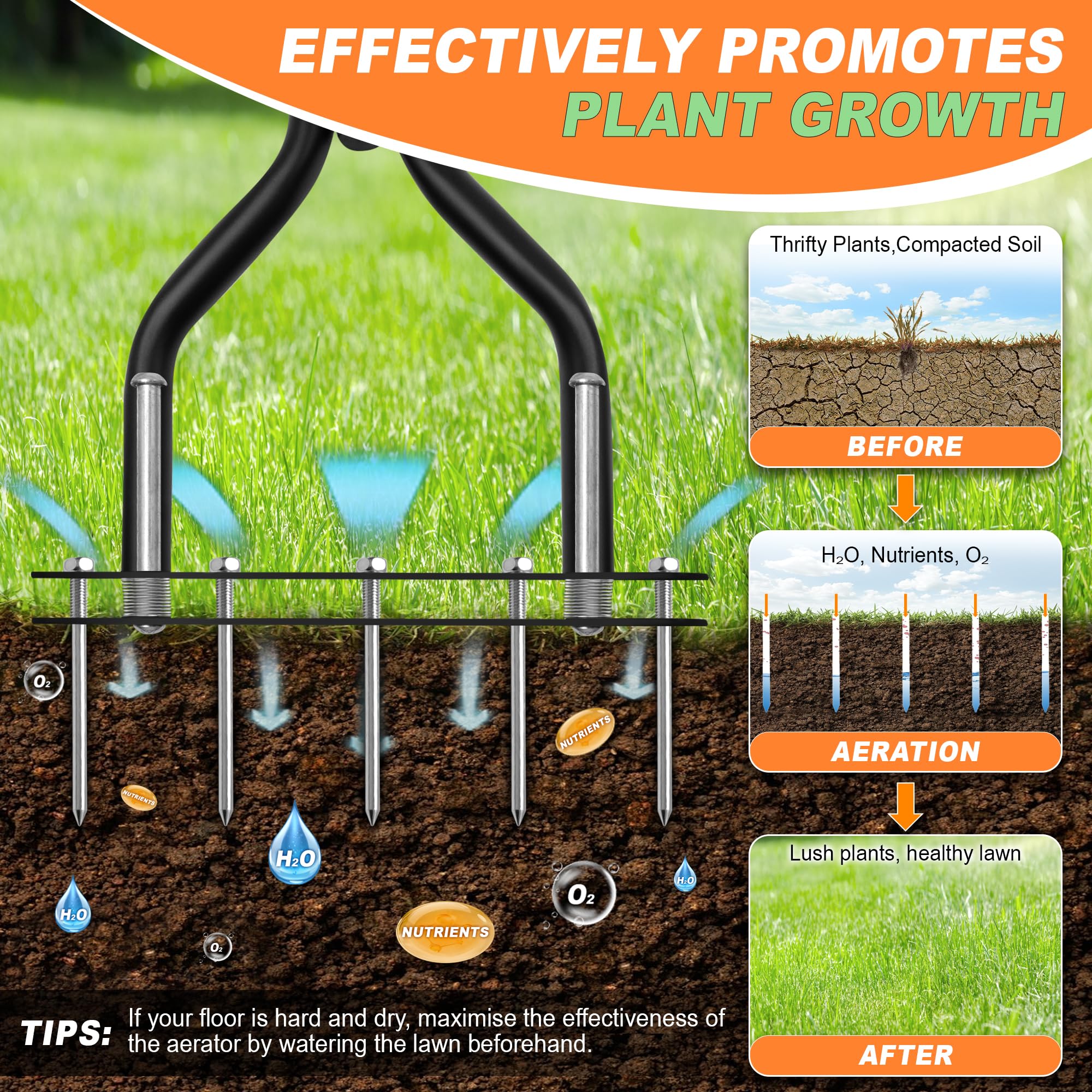 Lawn Aerator Tool, Grass for Soil Loosening & Yard Aerator, 15 Iron Spikes, Ergonomic T-Handle & Efficient Automatic Reset, Improves Lawn Health - 4