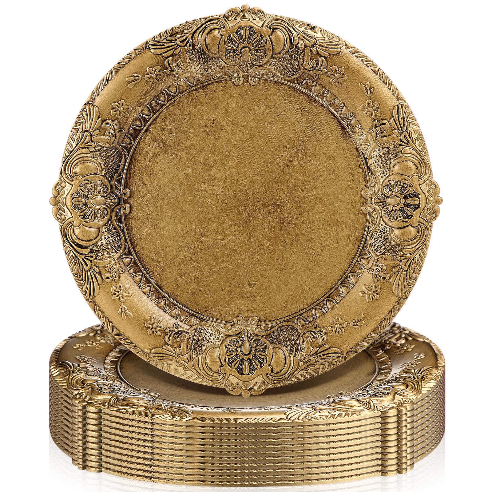 Photo 1 of Mifoci Antique Gold Charger Plates Set of 12 Plastic Gold Chargers for Dinner Plates Decorative 13" Round Plate Bulk with Embossed Rim for Dinner, Party, Wedding(Classic)