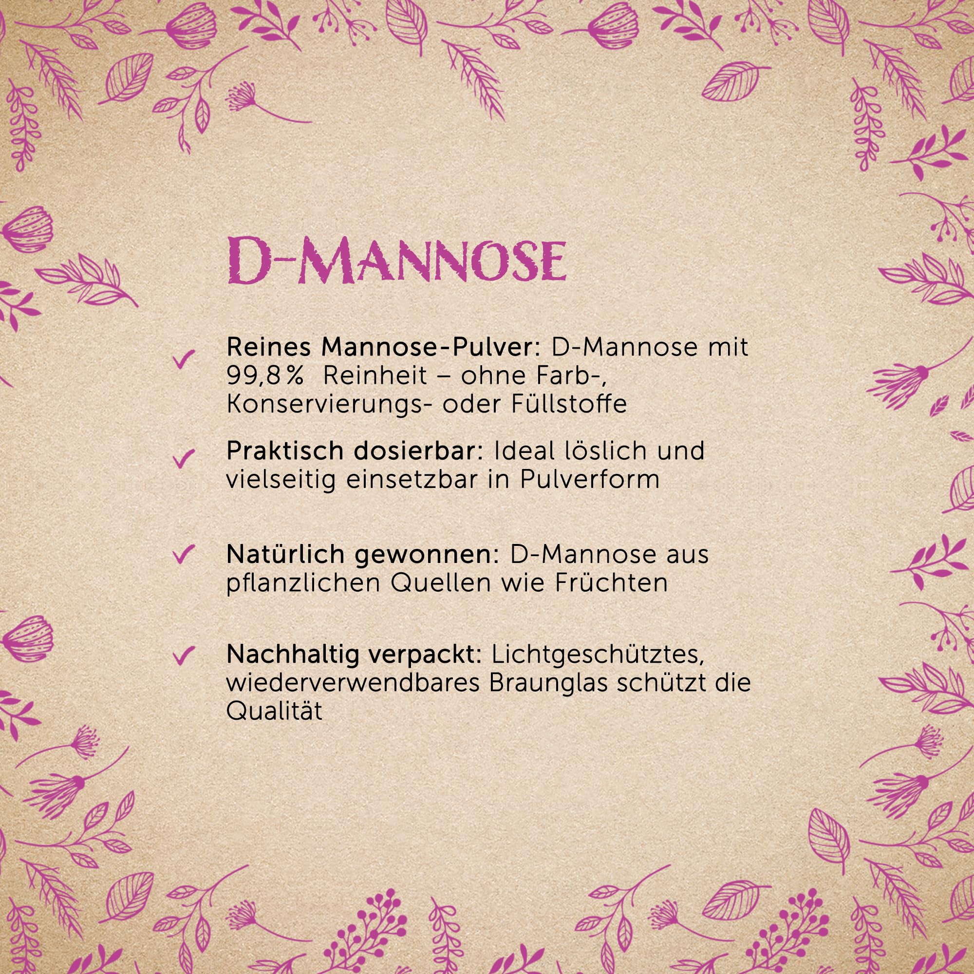 Waldkraft D-Mannose Pulver | 99% ig reine D-Mannose aus Früchten | Ohne Zusatzstoffe & vegan | In praktischer Pulverform | Ohne Zusätze | 300 g im Braunglas