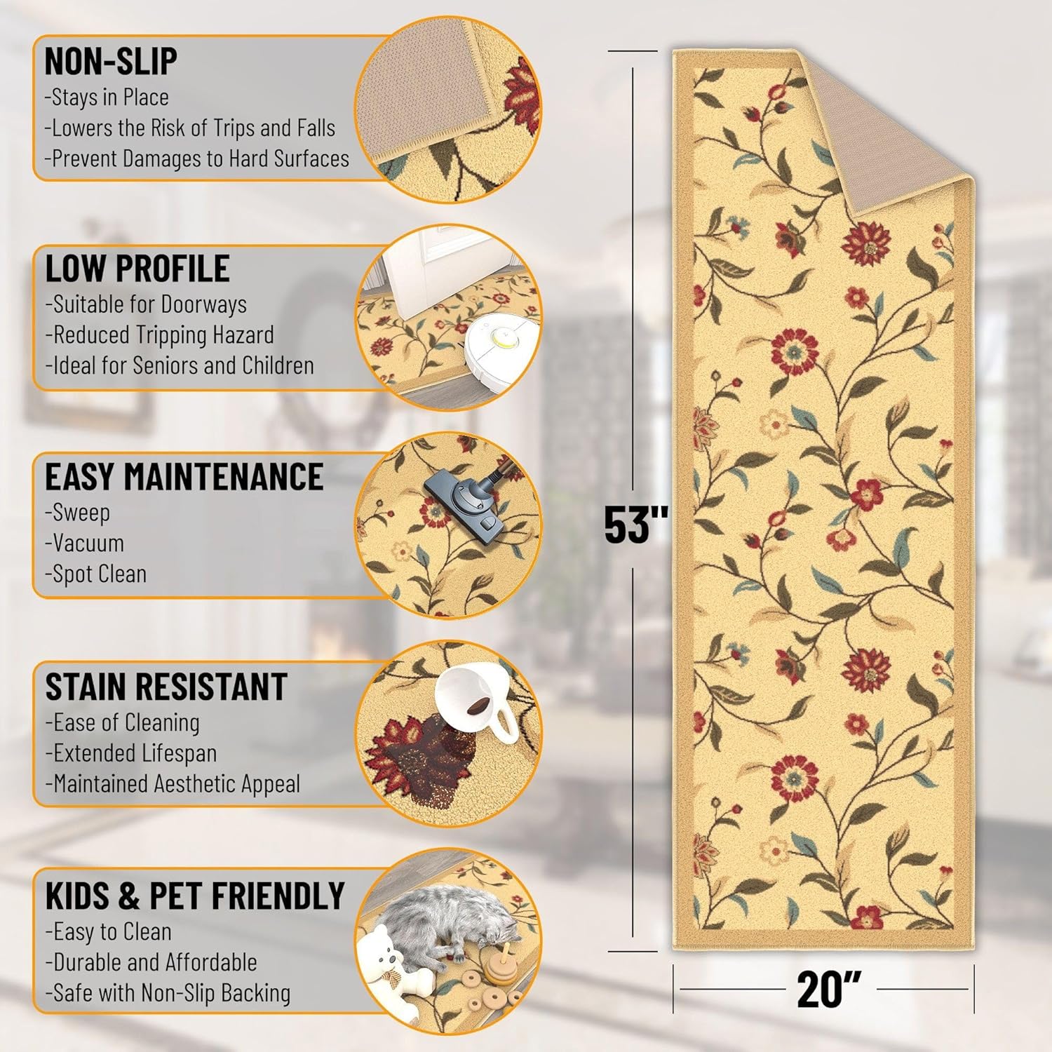 Ottomanson Hallway Runner Rug 20" x 53" Non Slip Floral Area Rugs Easy to Clean Laundry Rug Runner Durable & Pet Friendly Floor Carpet Runners for Hallways Entryway Living Room Kitchen Bathroom, Beige