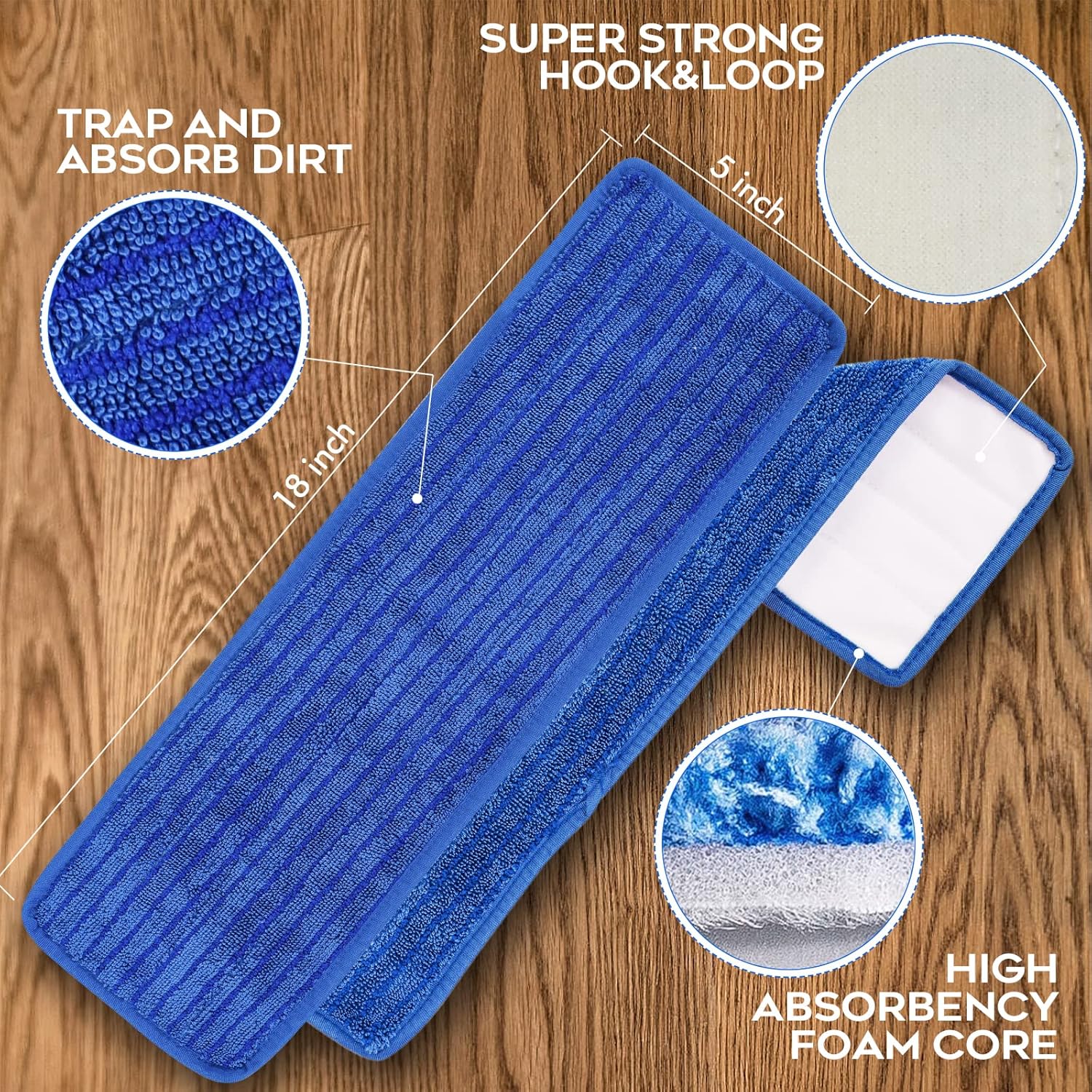 Matthew 18'' 36 Pcs Microfiber Mop Replacement Pads for Wet Dry Multi-Surface Floor Reusable Home Commercial Cleaning Refills,Machine Washable Compatible with Bona Mop&Any Microfiber Flat Mop Blue