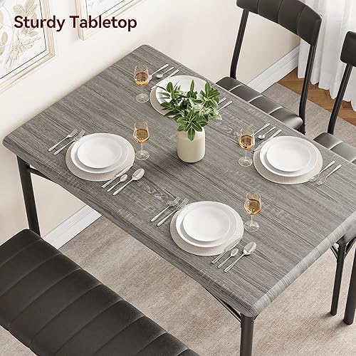 Miniatura 3 de GarveeHome Juego de mesa de comedor para 4, mesa de cocina con sillas tapizadas y banco, juego de mesa de comedor rectangular de madera y sillas