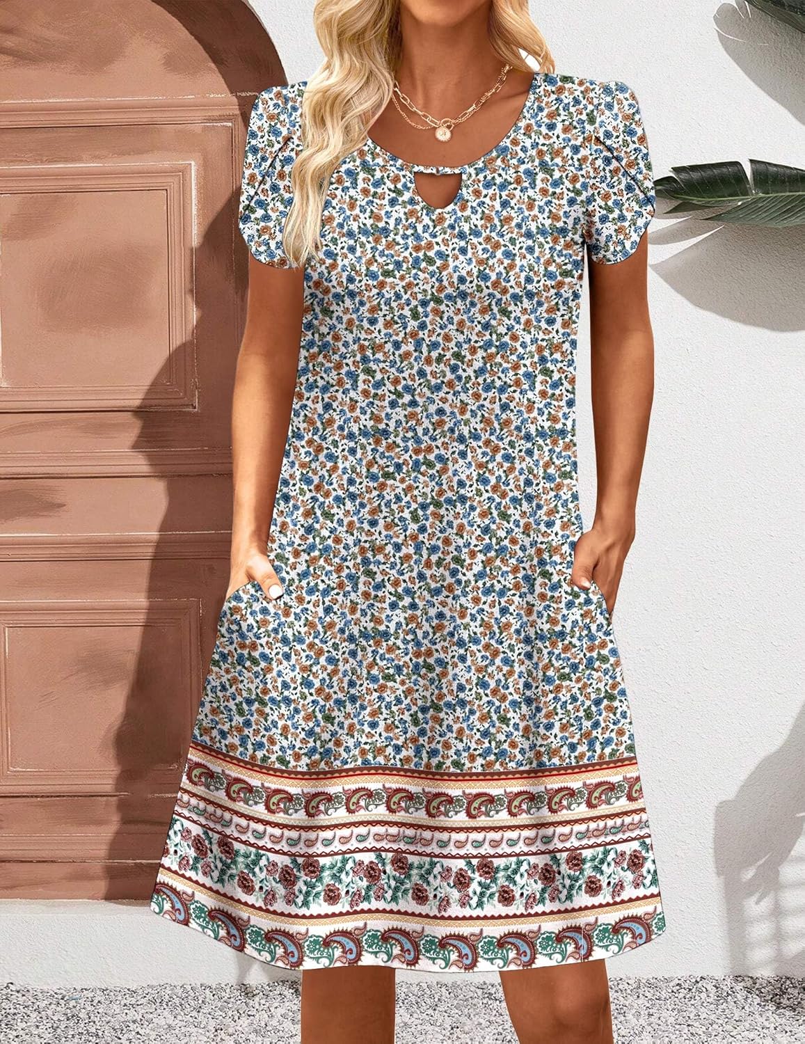 HOTOUCH Women's Casual A-Line Dress with Pockets Summer Beach Floral Tshirt Dress Short Sleeve Mini Dress Flowy Sundresses - Image 4