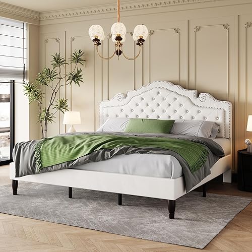 Miniatura 37 de SHA CERLIN Base de cama Queen con cabecera ajustable, tapizado de terciopelo, botón de diamante y tachuelas de metal, no necesita somier, soporte de