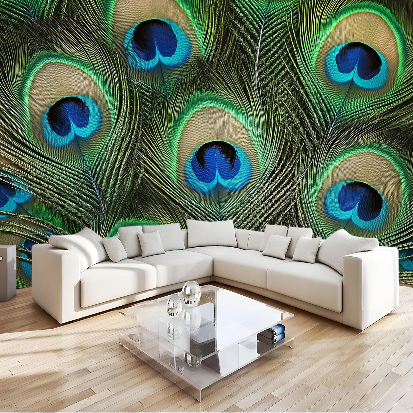 Papier peint plumes de paon vert mural 350x256 cm grand format poster géant