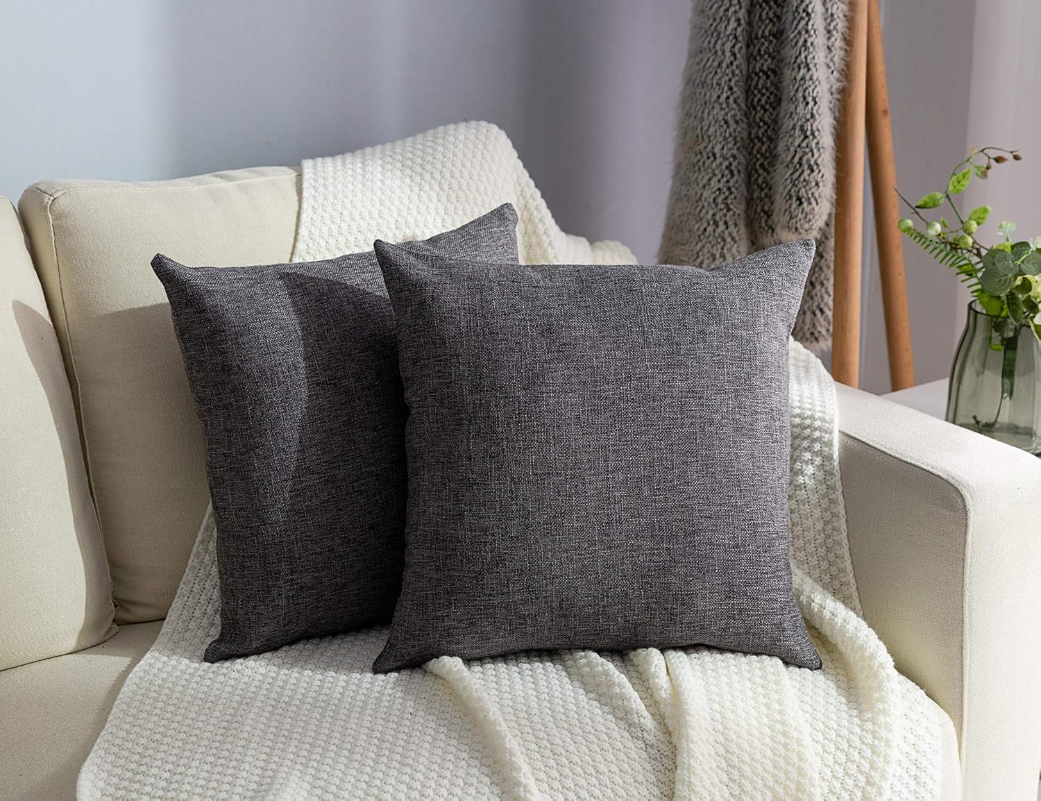 Stellhome Burlap Throw Pillow Covers Solid Farmhouse Linen Pillowcase for Bed Couch Sofa Bench, Set of 2, 24 x 24 inch (60 x 60 cm), Dark Grey