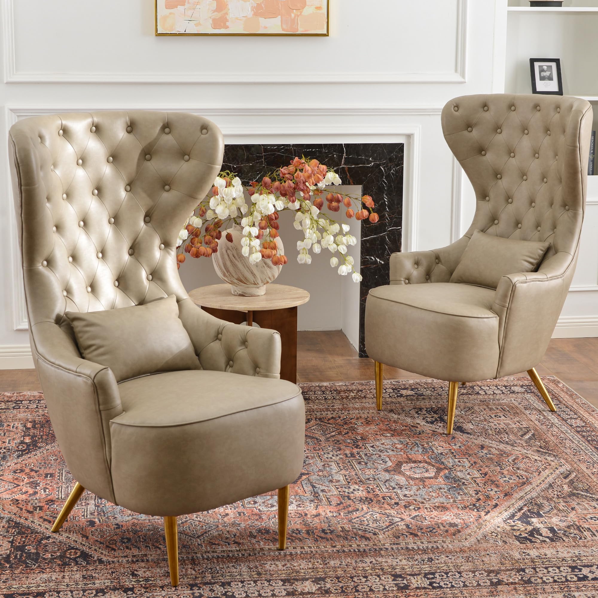 KINWELL 30" W Faux Leather Tufted High Wingback Chairs Set of 2, Mid Century Modern Accent Armchairs with Gold Metal Legs & Toss Pillow for Living