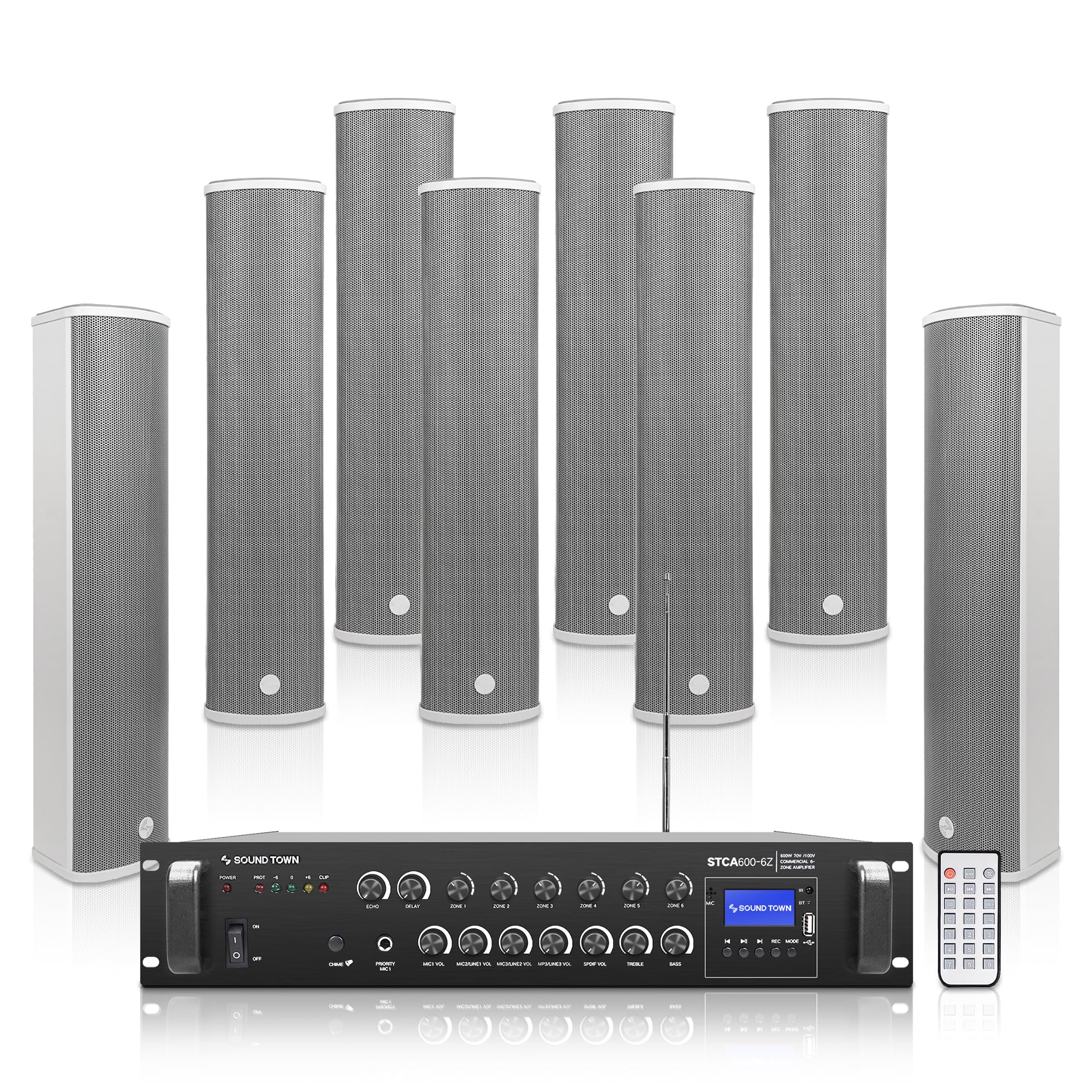 Sound Town Commercial Restaurant Bluetooth Amplifier + Column Speaker Set, with One 6-Zone 70V/100V Amplifier with Bluetooth, 8 x All-Weather Four 5-Inch Column Speakers, Grey (STCA600X8CL45G)
