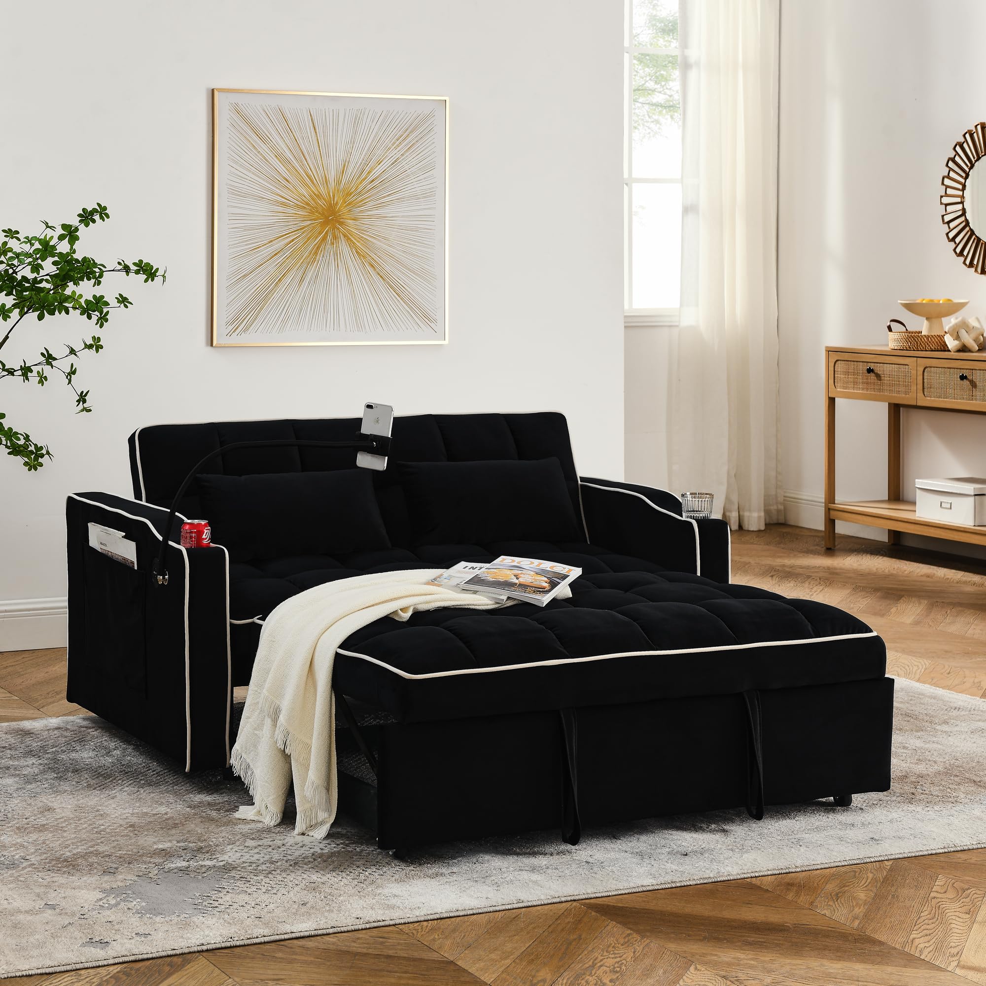 55.51 inch Versatile Foldable Sofa Bed in 3 Lengths, Velvet Pull Out Bed, Adjustable Back and with USB Port and Ashtray and Swivel Phone Stand (Black) VG641 - (Item is New/Like New, but it is noted that there is a small tear underneath the front edge where the pullout bed comes out. Not visible unless you flip it over)