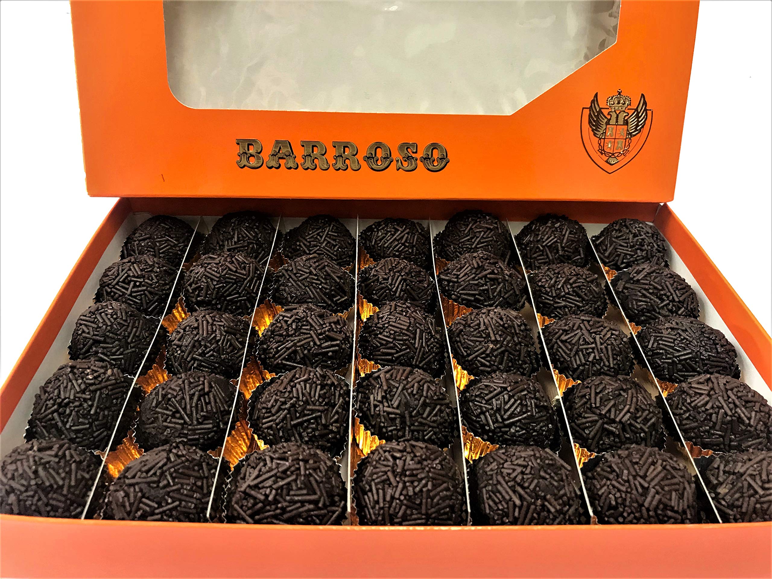 Trufas de Chocolate Negro Artesanas. Mazapanes Barroso. Bolitas de Cacao de Ceilán Recubiertas de Virutas de Chocolate. 35 Unidades. Estuches de 650 gramos.