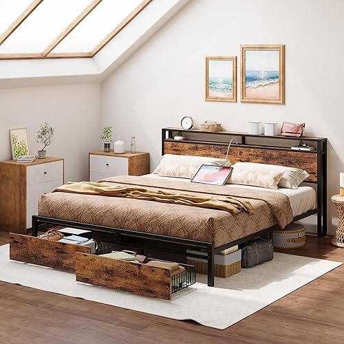 Miniatura 44 de LIKIMIO Base de cama Queen con cabecera de almacenamiento, cama de plataforma con cajones y estación de carga, no necesita somier, fácil montaje,