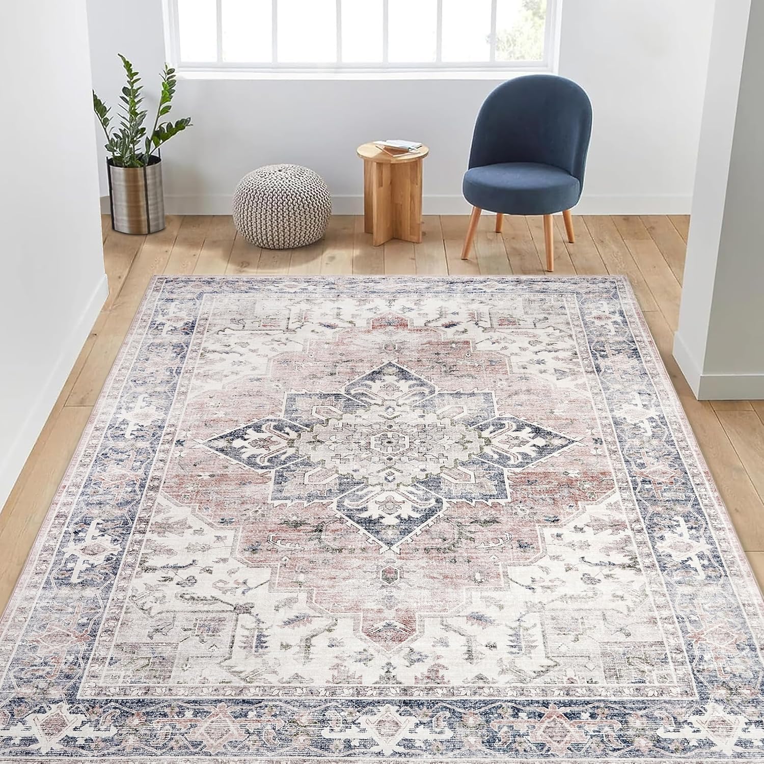 PureCozy Vintage Area Rug 5x7 Pink Bedroom Rug Washable