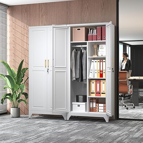 Miniatura 2 de Armario de metal, armario de 71 pulgadas de alto con puertas de bloqueo, armarios de almacenamiento de ropa blanca con barra para colgar y 3