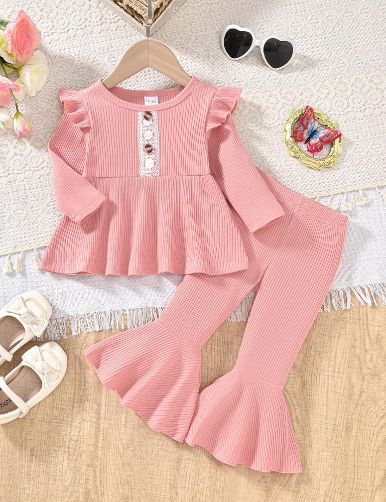 HIHA Toddler Girls Outfit - Long Flare Sleeve Top With Bell Bottom Pants & Headband Set