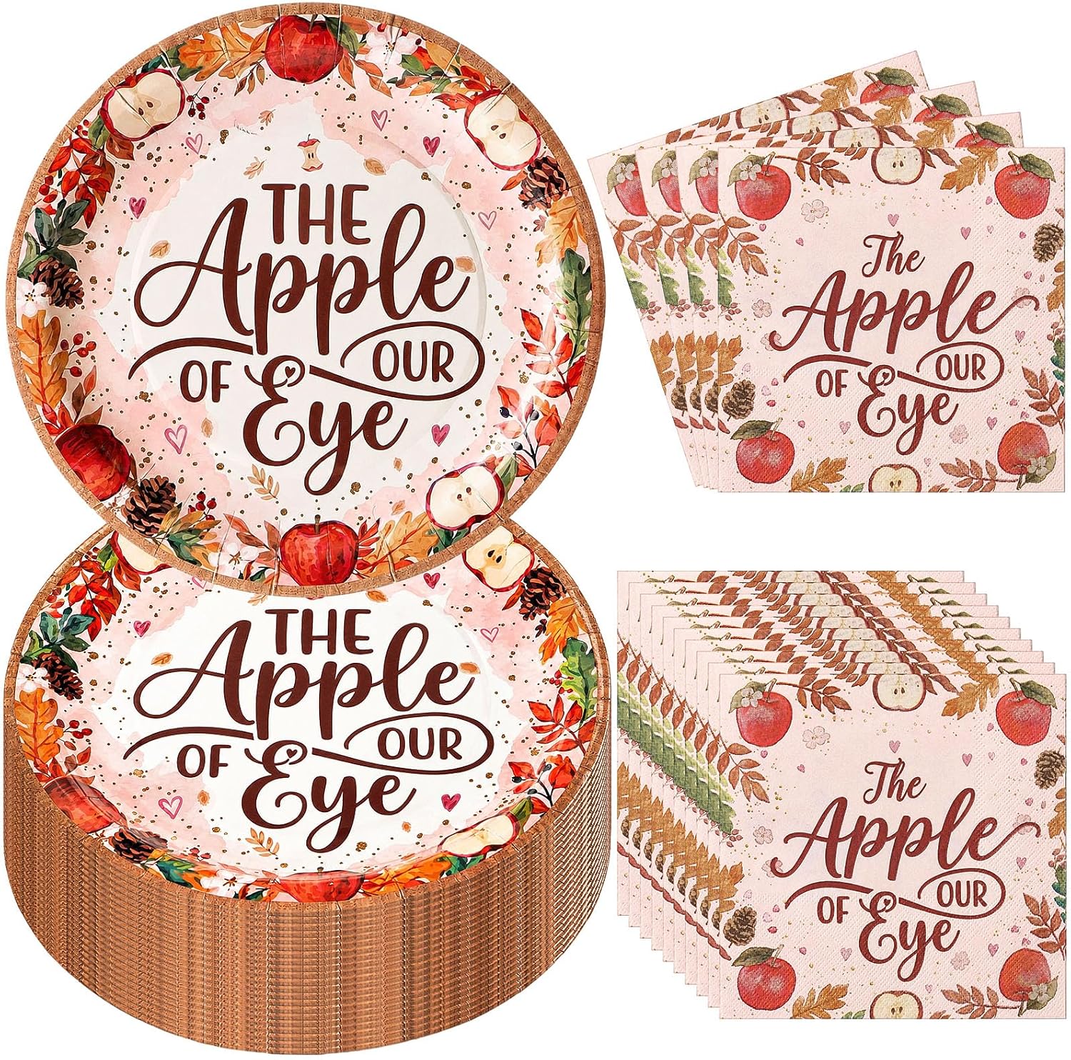 Umigy 100 Pcs Apple of Our Eye Plates and Napkins Sets for Baby Shower