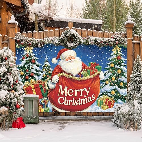 Miniatura 7 de Cartel de Feliz Navidad de Papá Noel de 71 x 43 pulgadas, telón de fondo navideño con bolsa de regalo y árbol de Navidad para interiores y