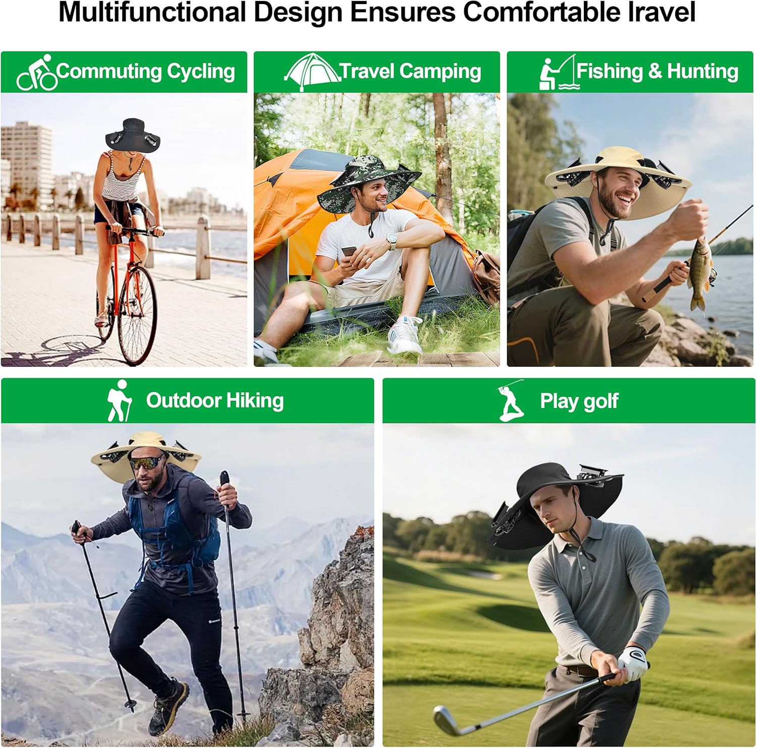 Solar Fan Hat with Detachable Fan, UPF 50+ Wide Brim Sun Hat with Face Mask and Arm Sleeves, 3 Speed USB &Solar Powered Fan - Image 5