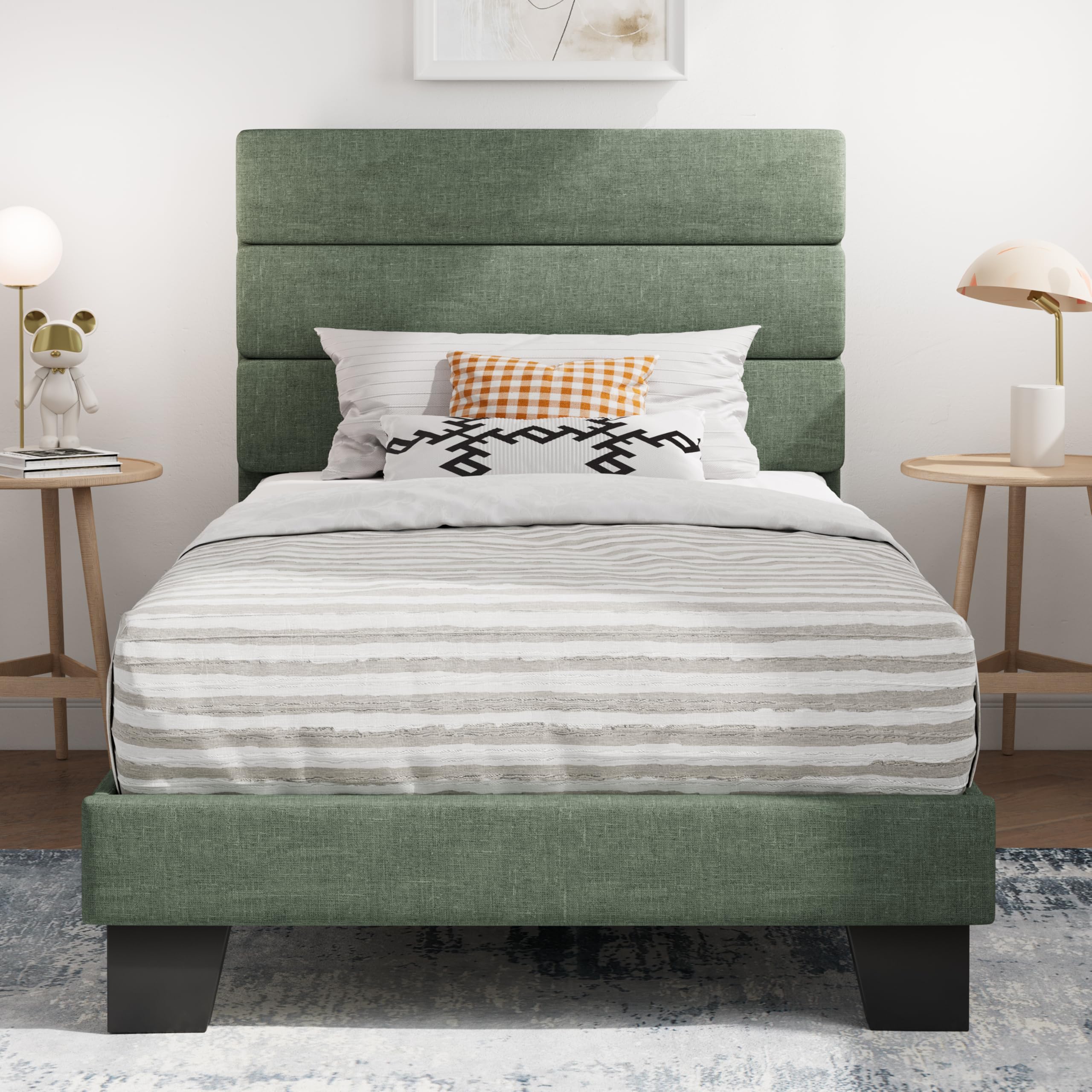 SHA CERLIN Twin Platform Bed Frame with Upholstered Fabric Headboard, Green