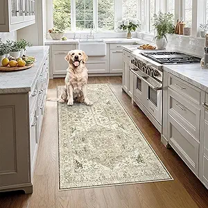 Madane Hallway Runner Rug 3x6 - Washable Kitchen Rugs Entryway Rug Runner Vintage Soft Floor Mat Non Slip Indoor Farmhouse Carpet for Bathroom Living Room Bedroom (3 X 6, Ivory/Brown)