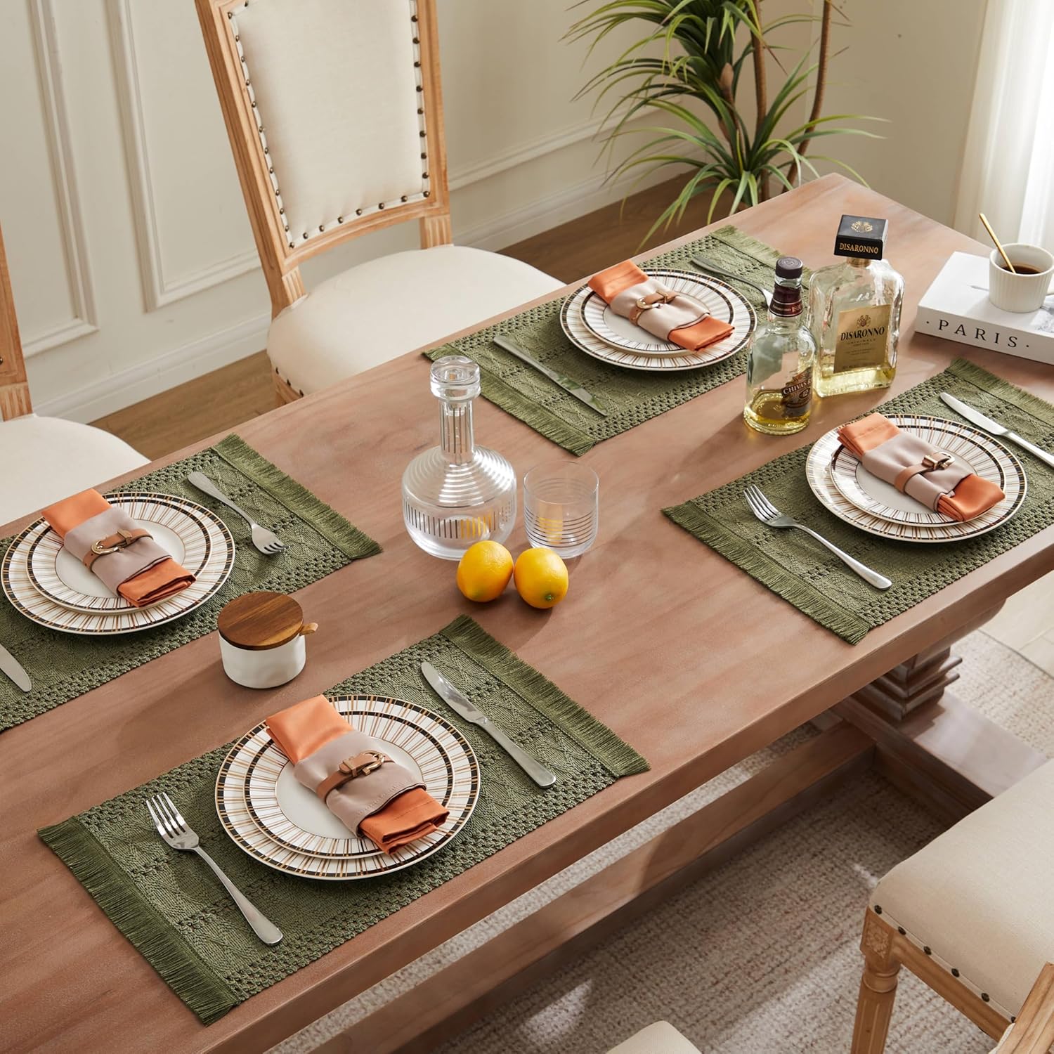 ZeeMart Macrame Style Boho Placemats Set of 6, Moss Decorative Natural Farmhouse Cotton Woven Place Mats Home Decor for Kitchen Dining Table