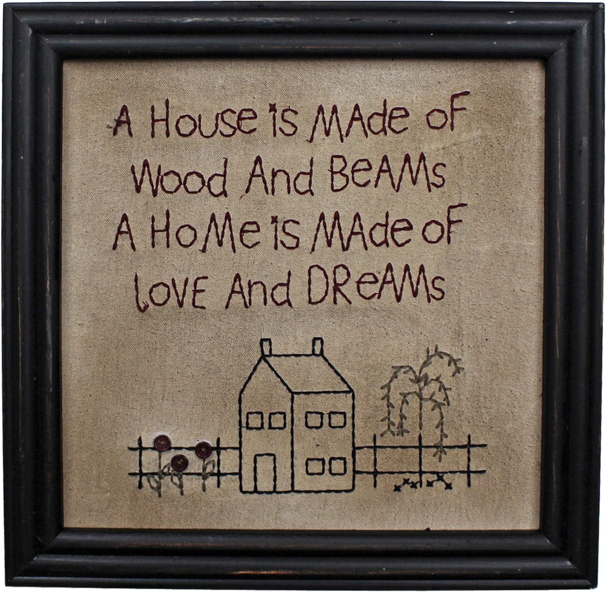 CVHOMEDECO. Primitives Antique A house is made of wood and beams, A home is made of love and dreams Stitchery Frame Wall Mounted Hanging Decor Art, 12 x 12 Inch