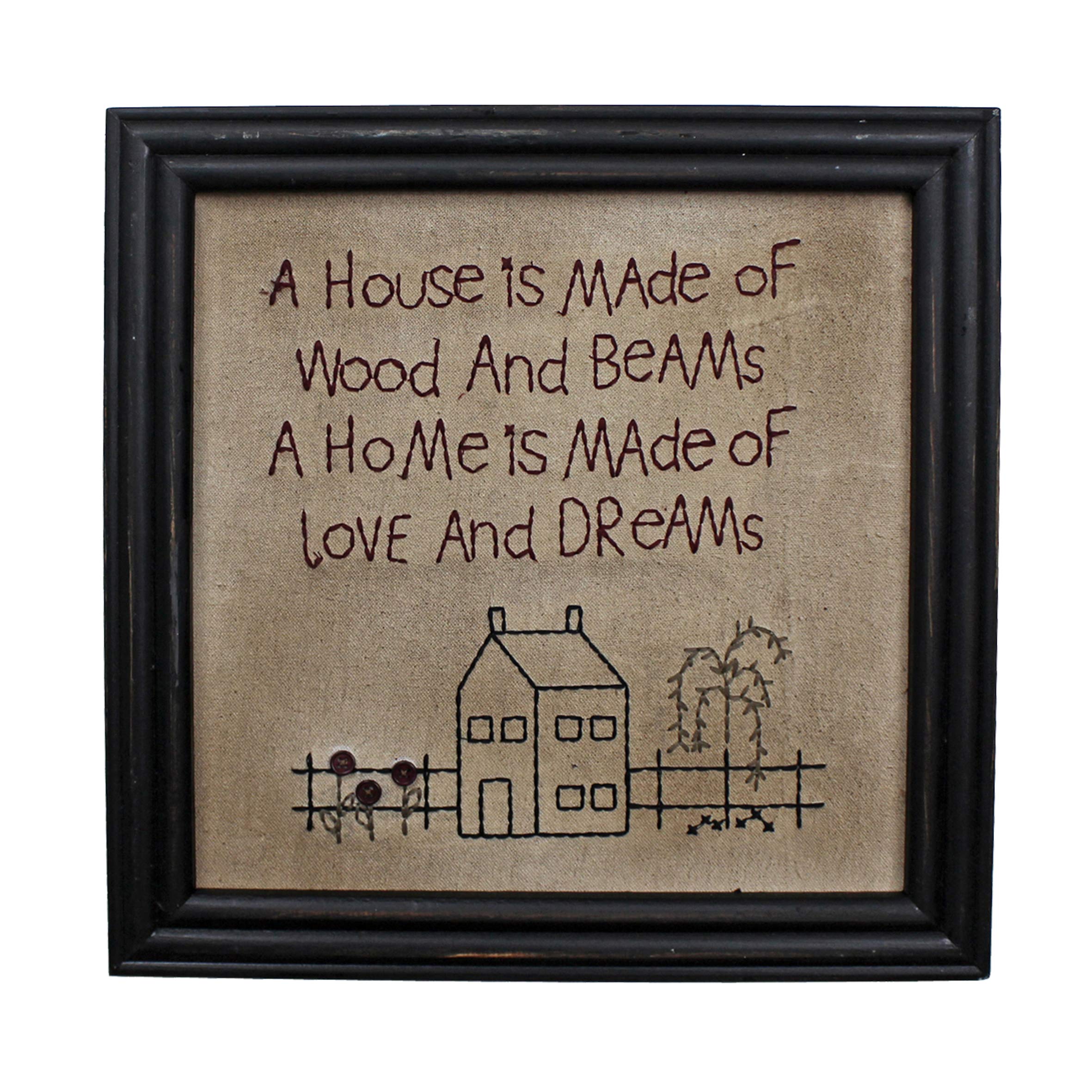 CVHOMEDECO.Primitives Antique A house is made of wood and beams, A home is made of love and dreams Stitchery Frame Wall Mounted Hanging Decor Art, 12 x 12 Inch