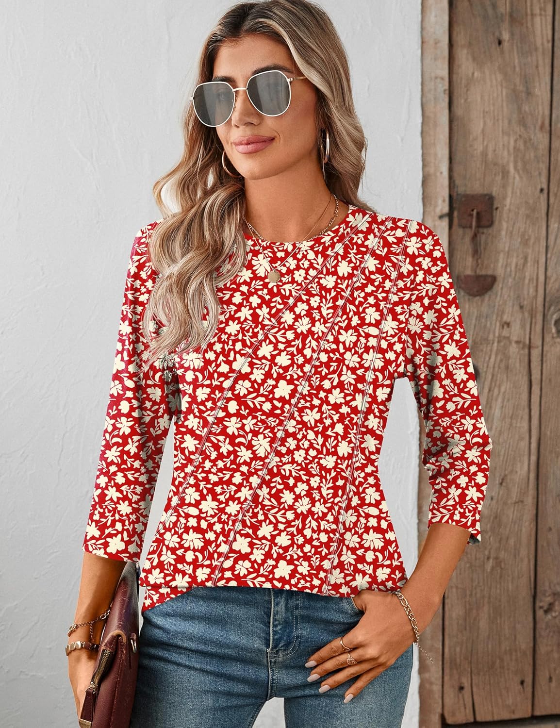 LOMON 3/4 Length Sleeve Womens Tops Spring Summer Fashion 2026 Tops Crew Neck Pleated Shirts Tunic Top Loose Fit - Image 4