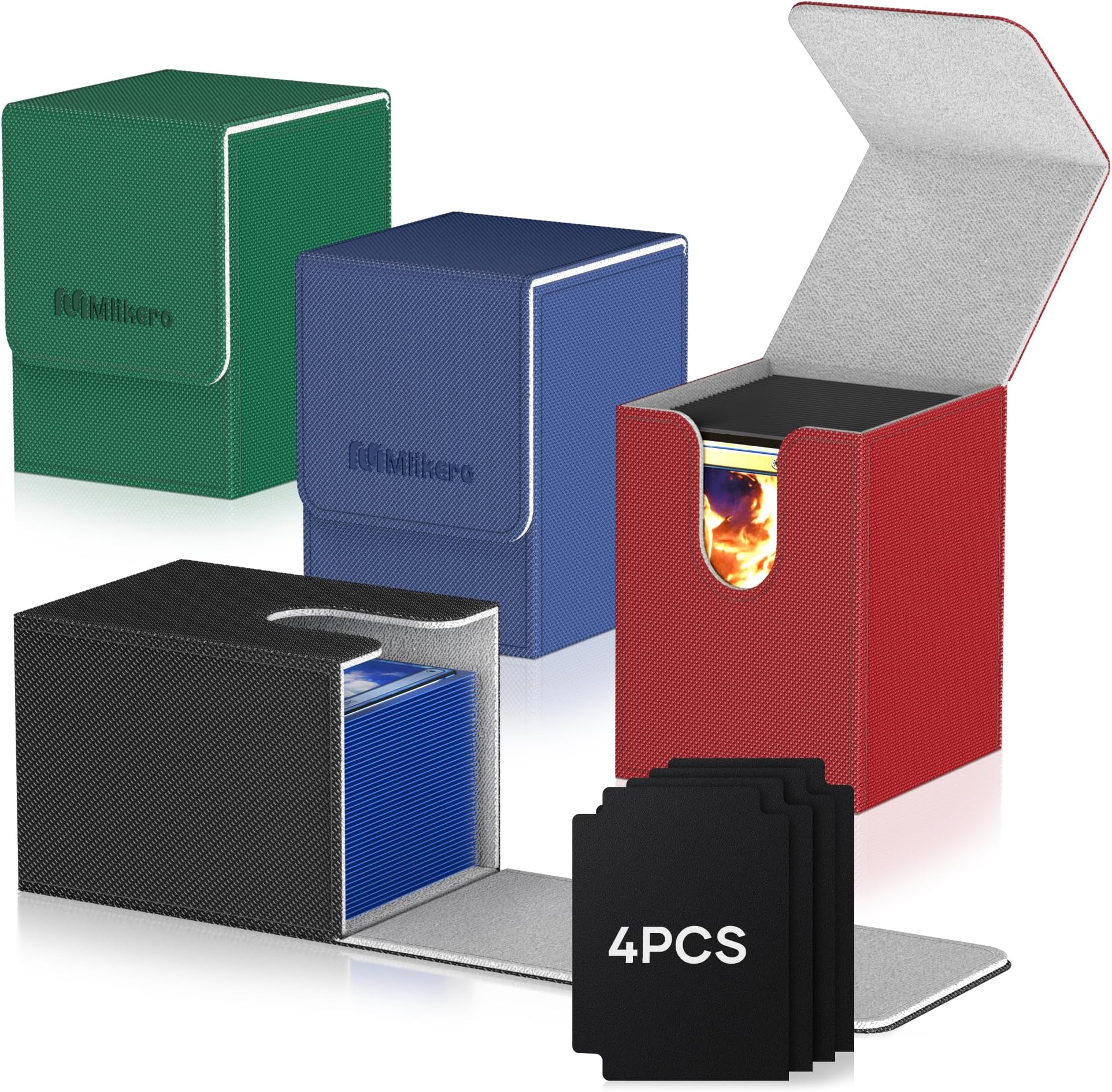 Mlikero 4 Pack Card Deck Box Large Size Fit for 100+Single Sleeved Cards with 4 Dividers, Trading Commander Deck Box Compatible with Mtg Card Deck,Premium Leather Deck Box for Trading Cards