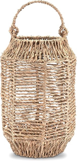 Decorasian Lampion z trawy morskiej  rattanowa latarnia w stylu boho z plecionki wiklinowej do zawieszenia lub postawienia  wewnątrz i na zewnątrz