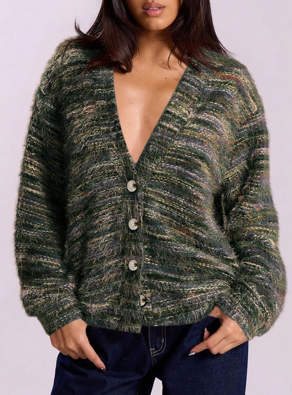 PRETTYGARDEN Womens Cardigan Sweaters Fall Fashion 2026 Striped Long Sleeve Button V Neck Knit Fuzzy Outerwear Winter Clothes - Image 4