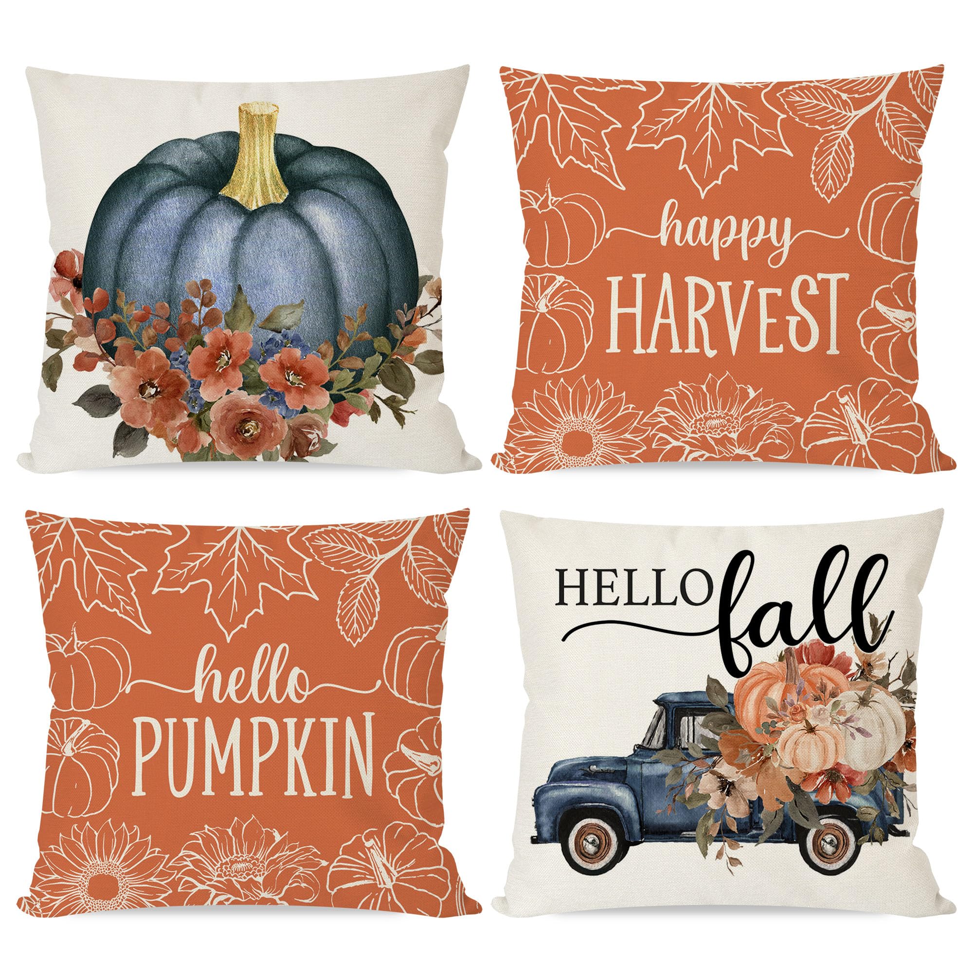 PANDICORN Fall Pillow Covers 16x16 Inch Set of 4 Blue Pumpkin Truck Orange Outdoor Country Farmhouse Cottage Autumn Decorations Harvest Decorative