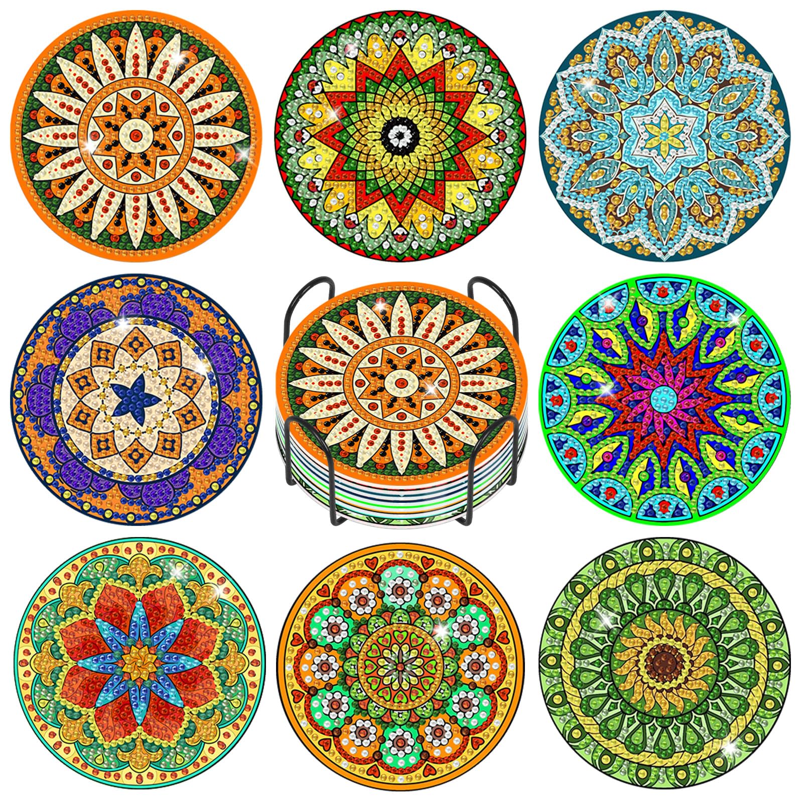 GEEHEIY Mandala Diamond Painting Coasters Kit for Adults, 8PCS DIY Gem Art Coasters with Holder, Boho Table Decor & Mindfulness Craft Gift Set