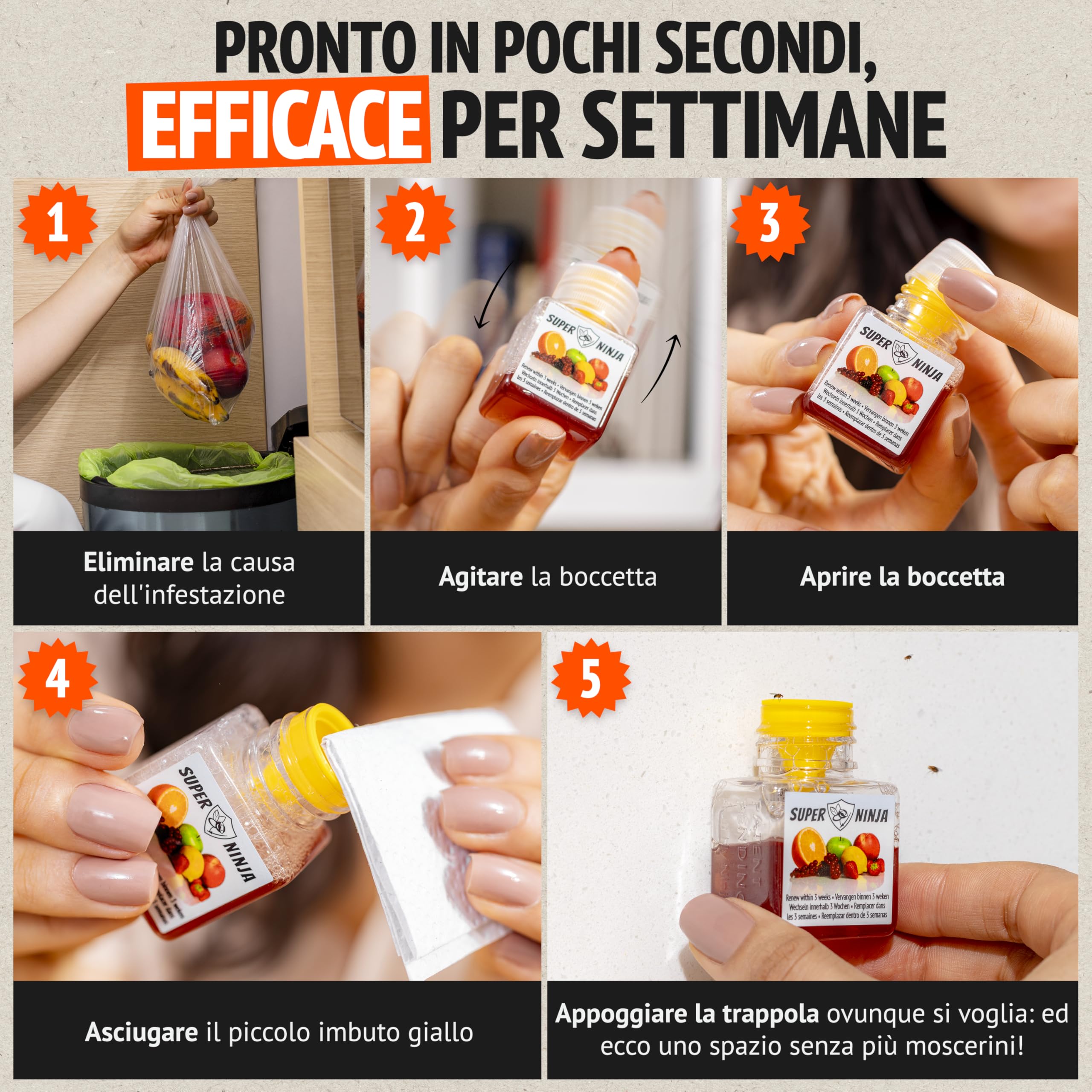 Super Ninja Trappola Moscerini Frutta per Interni - 2 Pezzi, trappola per moscerini della frutta efficace per casa e cucina, attiva fino a 3 settimane, adatta a bambini e animali domestici