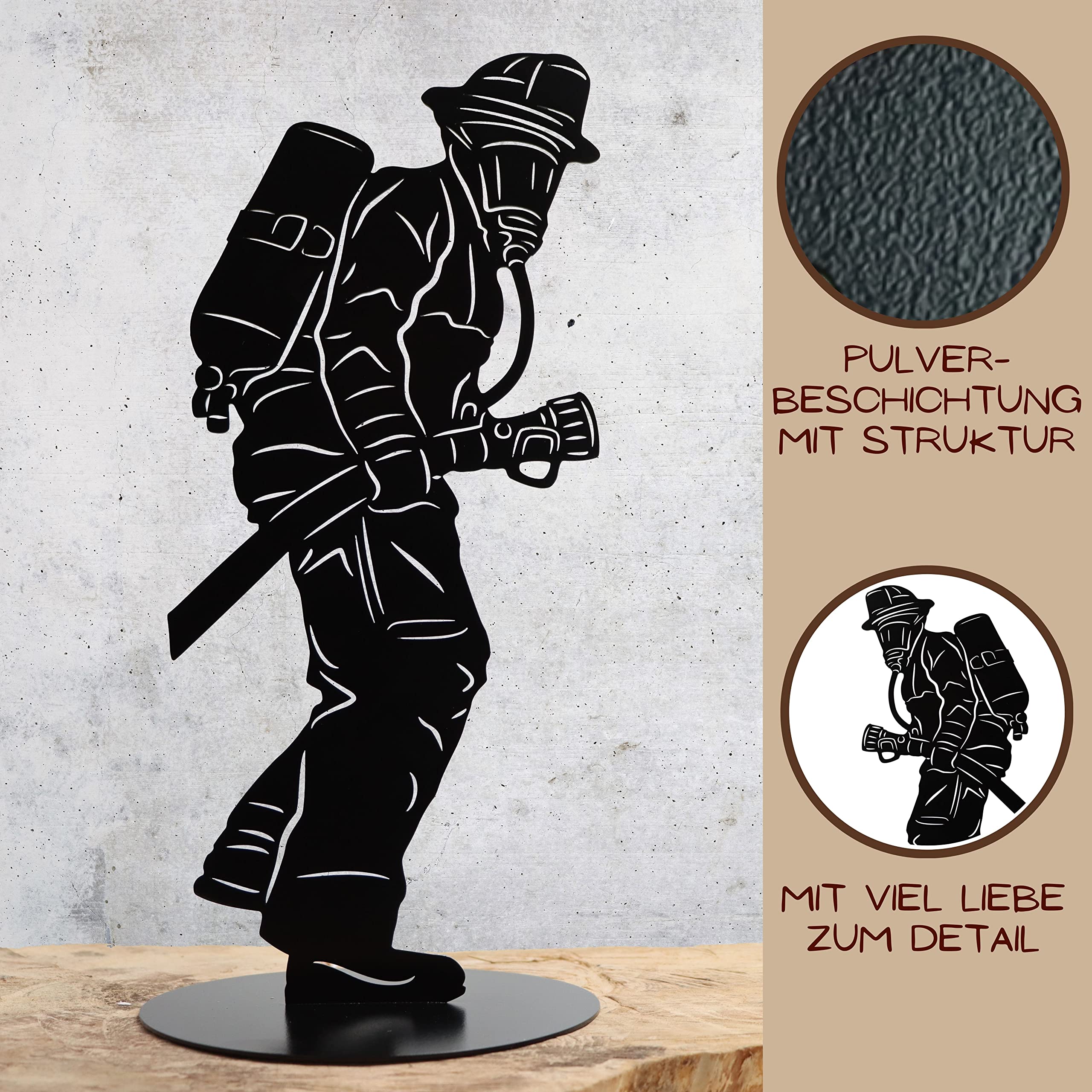 Rostikal Feuerwehrmann Figur Schwarz 40 cm Metall Skulptur Feuerwehr Deko | Pulverbeschichtete Statue mit Bodenplatte, standfeste Dekofigur für Wohnzimmer, Terrasse und Garten, Geschenkidee für Männer