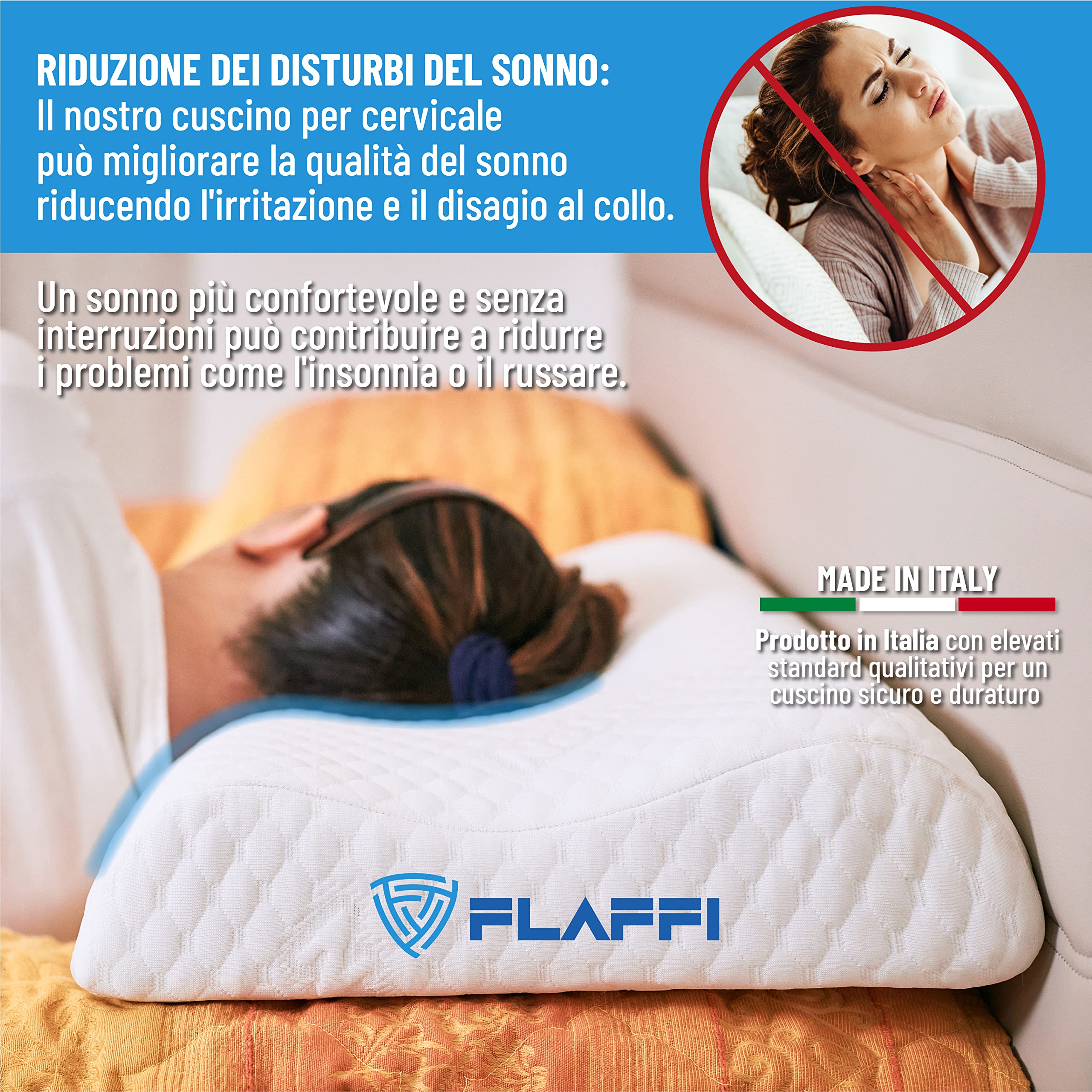 Flaffi Cuscino Cervicale Per Dormire - Guanciale Memory Foam Doppia Onda e Federa Antiacaro, Made In Italy, 70x40x12/10