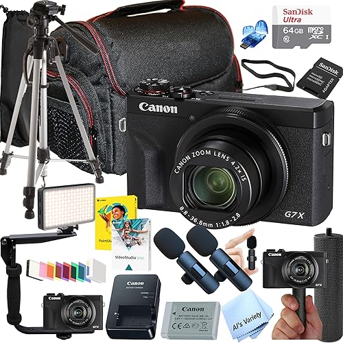 Canon PowerShot G7 X Mark III Digital Camera, Video Kit with Accessories: LED Video Light, 64GB Memory, Wireless Microphones, Video Stabilizing Bracket, Case, Tripod, Grip, Software, & More (Renewed)