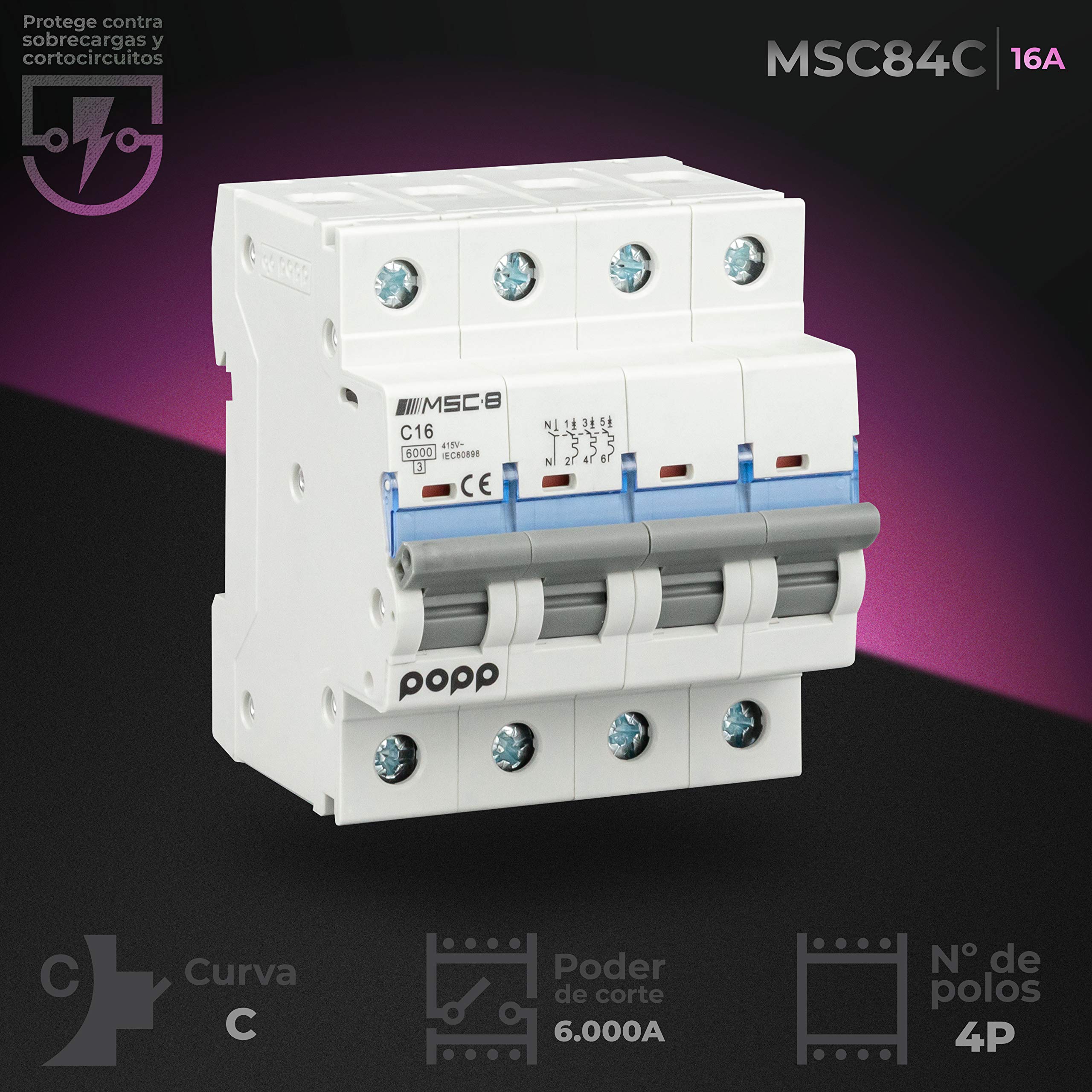 POPP® Interruptor Automático Magnetotérmico 4P serie MSC84 gama Industrial CURVA C corte 6000A 6A,10A,16A,20A,25A,32A,40A,63A Pack 3,6 (Pack 6, 16A)