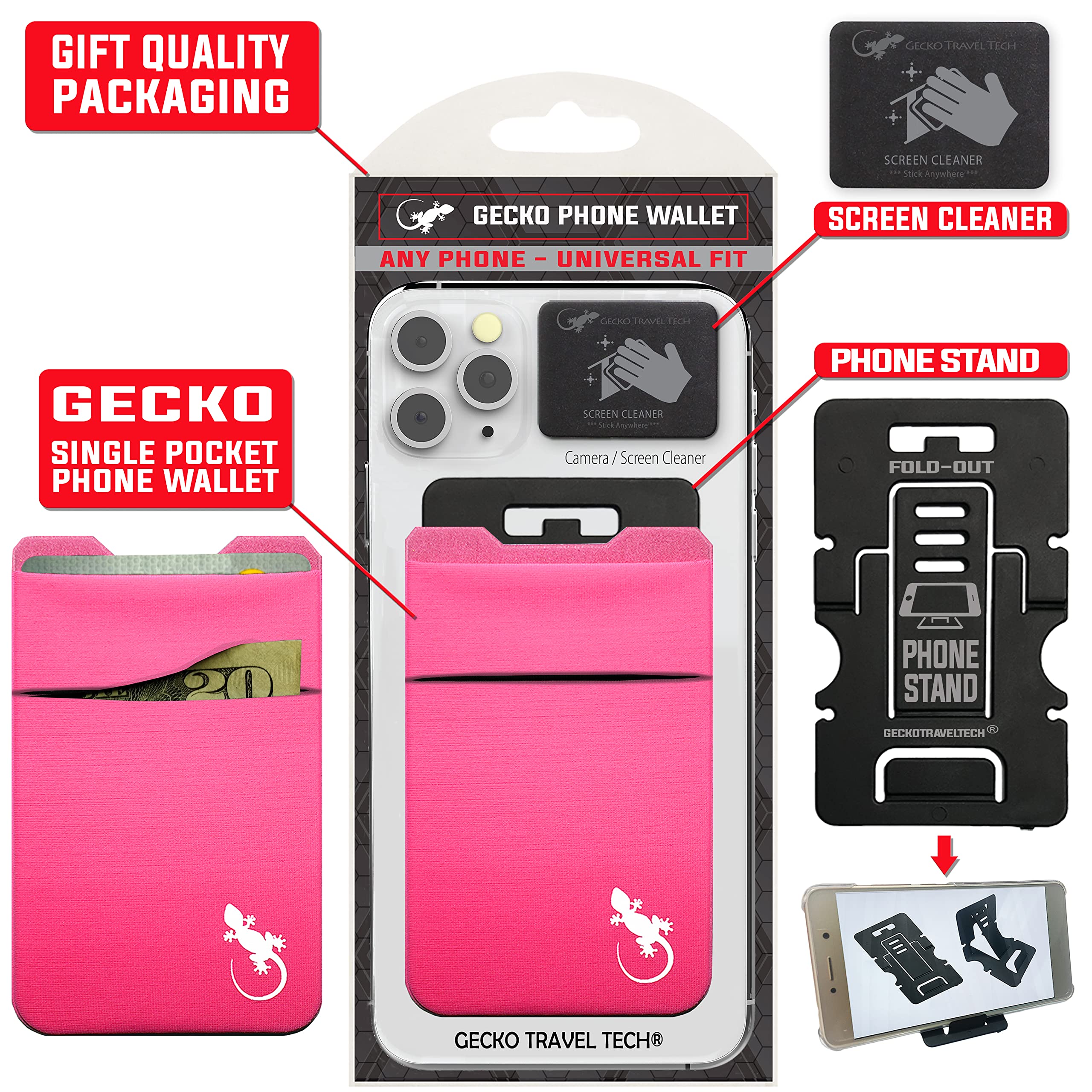 Cartera de teléfono Gecko – Soporte para teléfono – Tarjetero Adhesivo para móvil – Dos Bolsillos – Bolsillo para teléfono de Lycra – Portador de Tarjetas de crédito y Efectivo – Negro/Negro