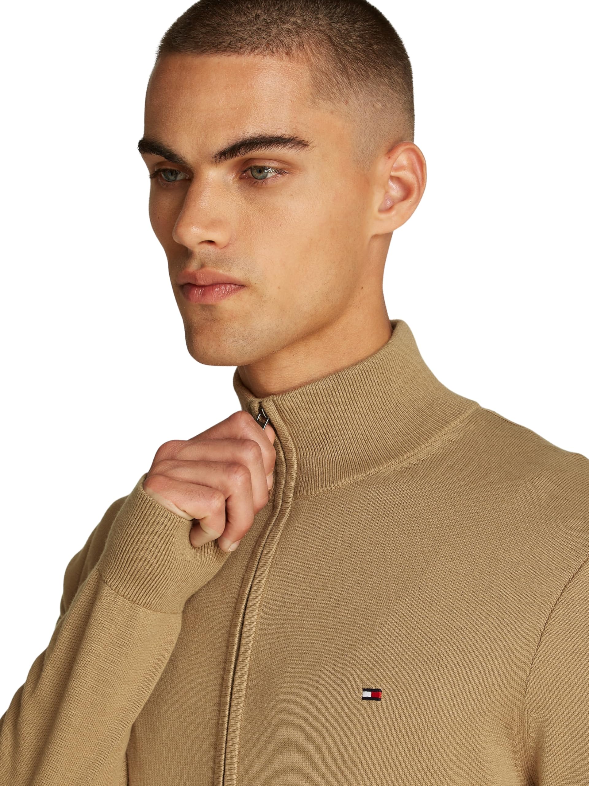 Tommy Hilfiger Męski Essential Cotton Zip Thru MW0MW36517 Sweter z zamkiem błyskawicznym, khaki, S, Khaki (płótno safari), S