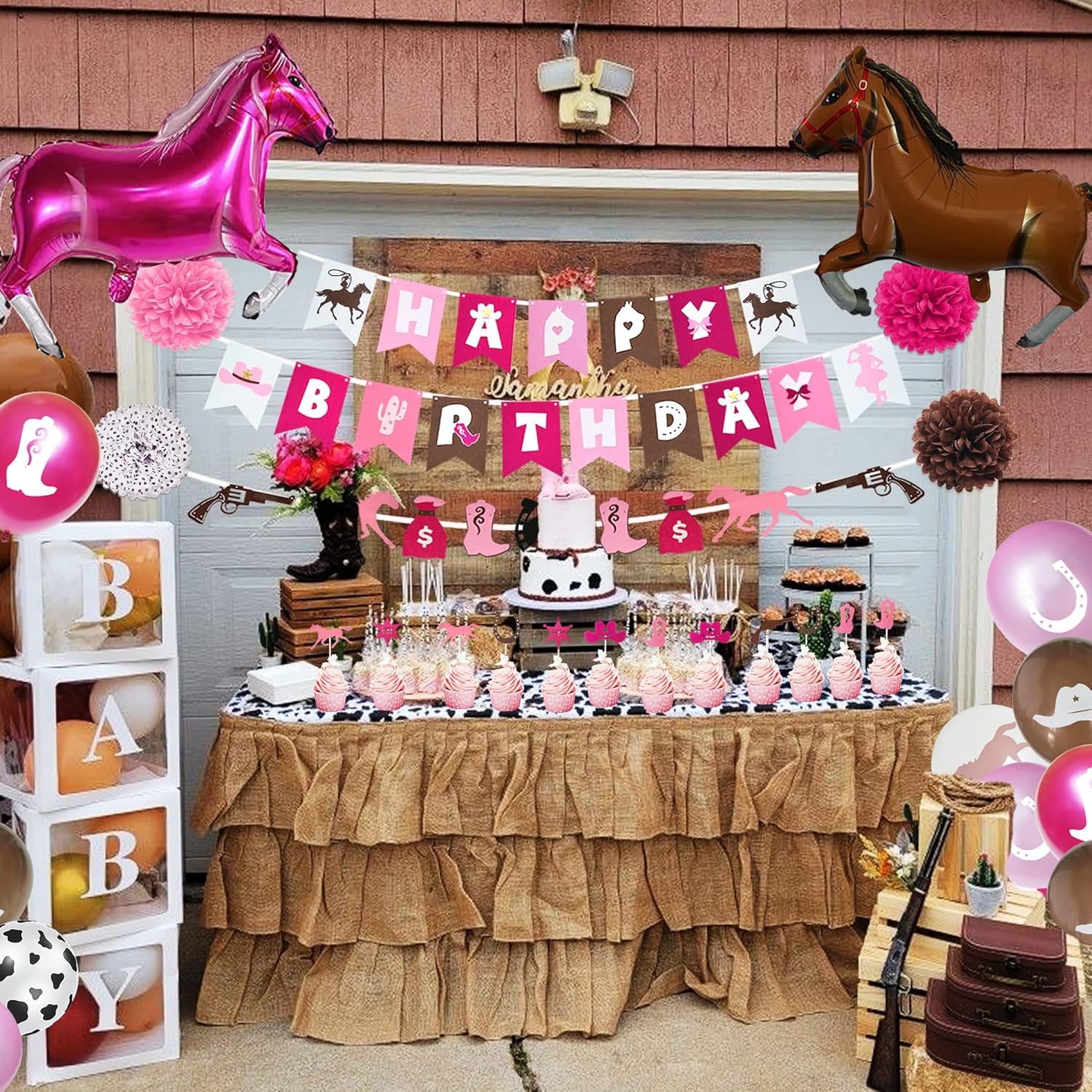 Western Cowgirl Pink Birthday Party Decoration, Retro Rodeo Party Supplies for Girls with Birthday Banner Horse Garland Star Balloons Tissue Pom Poms Cake Toppers (Pink Cowgirl)