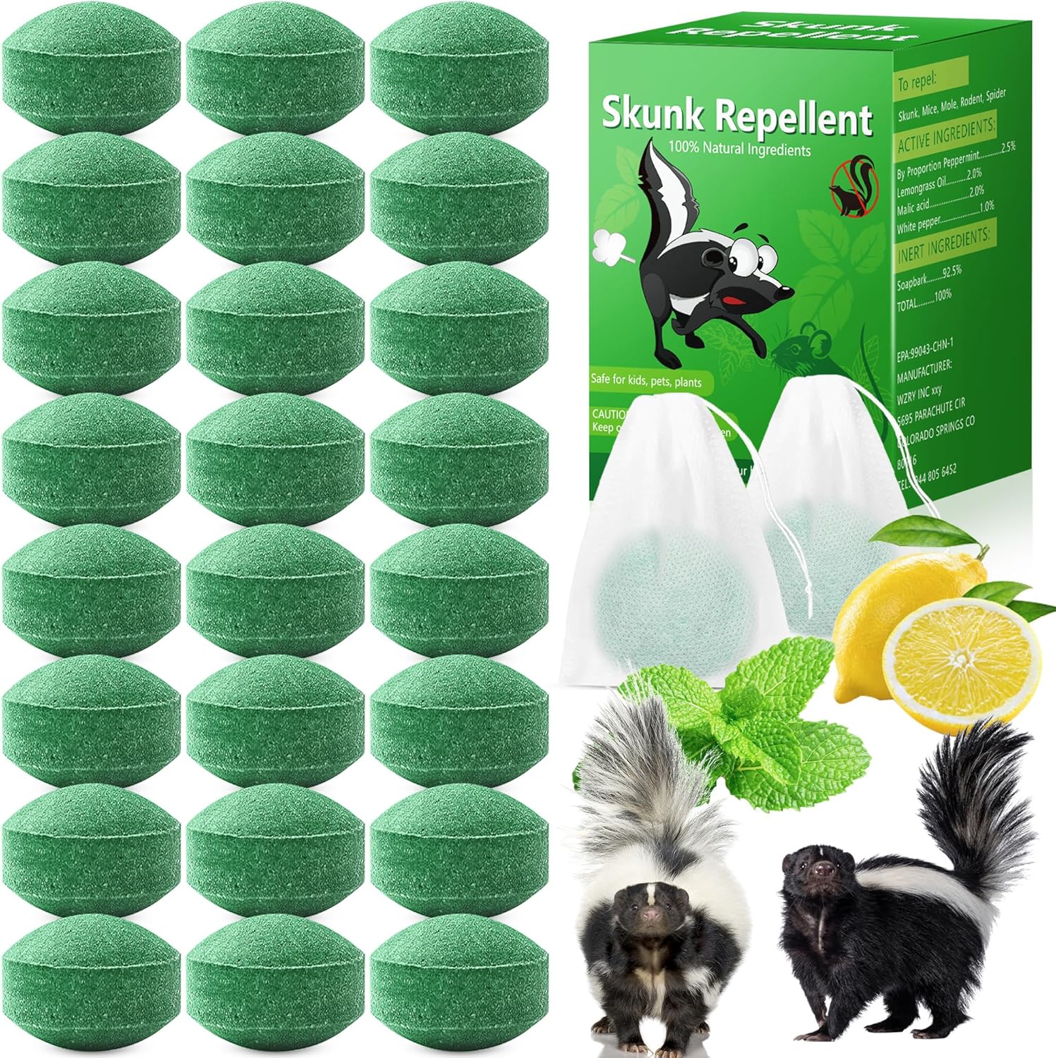 24 Pack Peppermint Raccoon & Skunk Repellent for Yard, Natural Raccoon Repellent Keep Skunks Out from Garden Yard Shed Outdoor Under, Safe for Dogs and Children, Long-Lasting Protection, Green