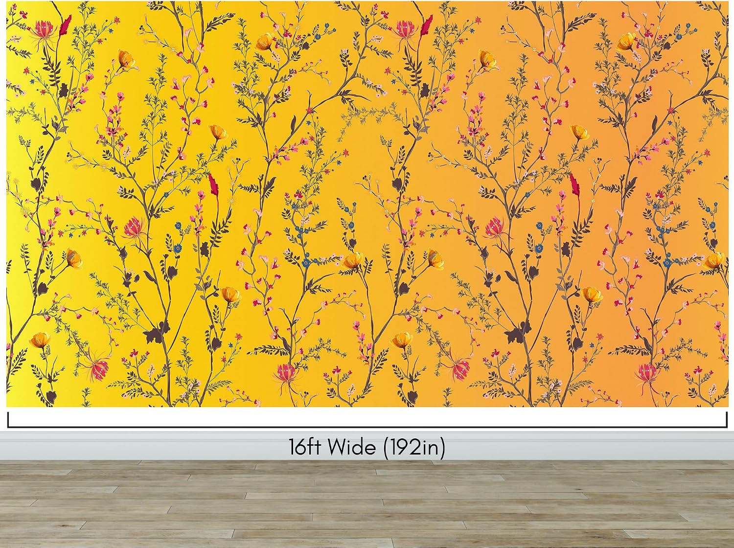 Botanical Flower Garden with Yellow Orange Background Wall Mural. Blossom Flower Decor. Peel and Stick Wallpaper. #6355 (9ft Tall X 16ft Wide)
