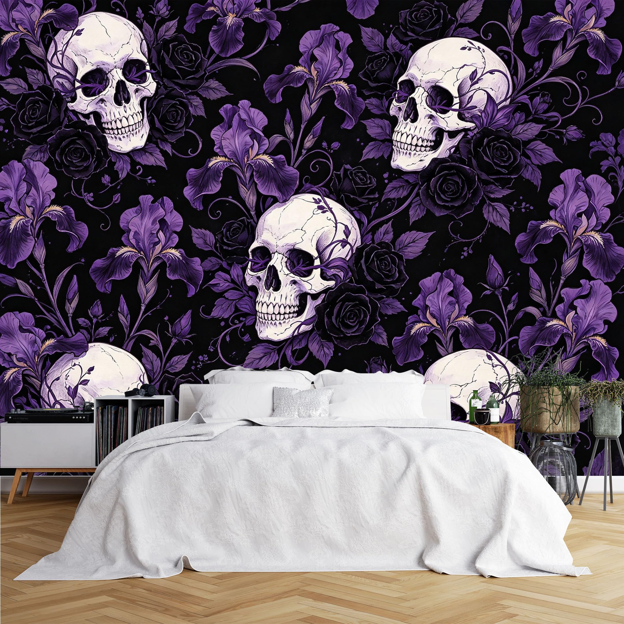 Lcythiazole Ch260615056 Custom Size Wall Murals Skull Black Rose Iris Dark Pattern Wall Murals Wall Stickers Wallpaper Self-Adhesive Removable Wallpaper For Goth Decor Bedroom Bar