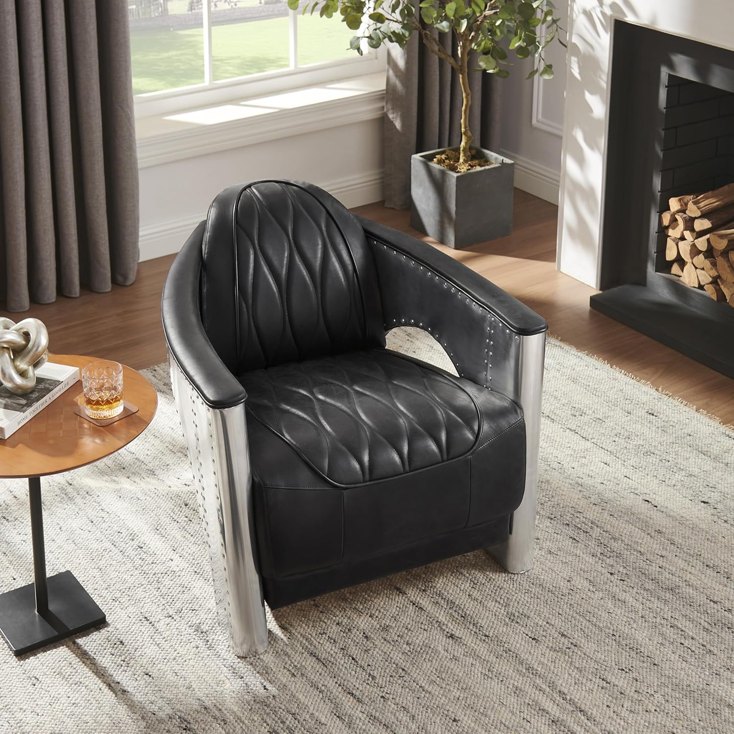 Art Leon Genuine Leather Accent Chairs - Mid Century Industrial Armchair, Vintage Leather Upholstered Club Barrel Chair with Aluminum Patchwork for Living Room Bedroom, Set of 2, Black