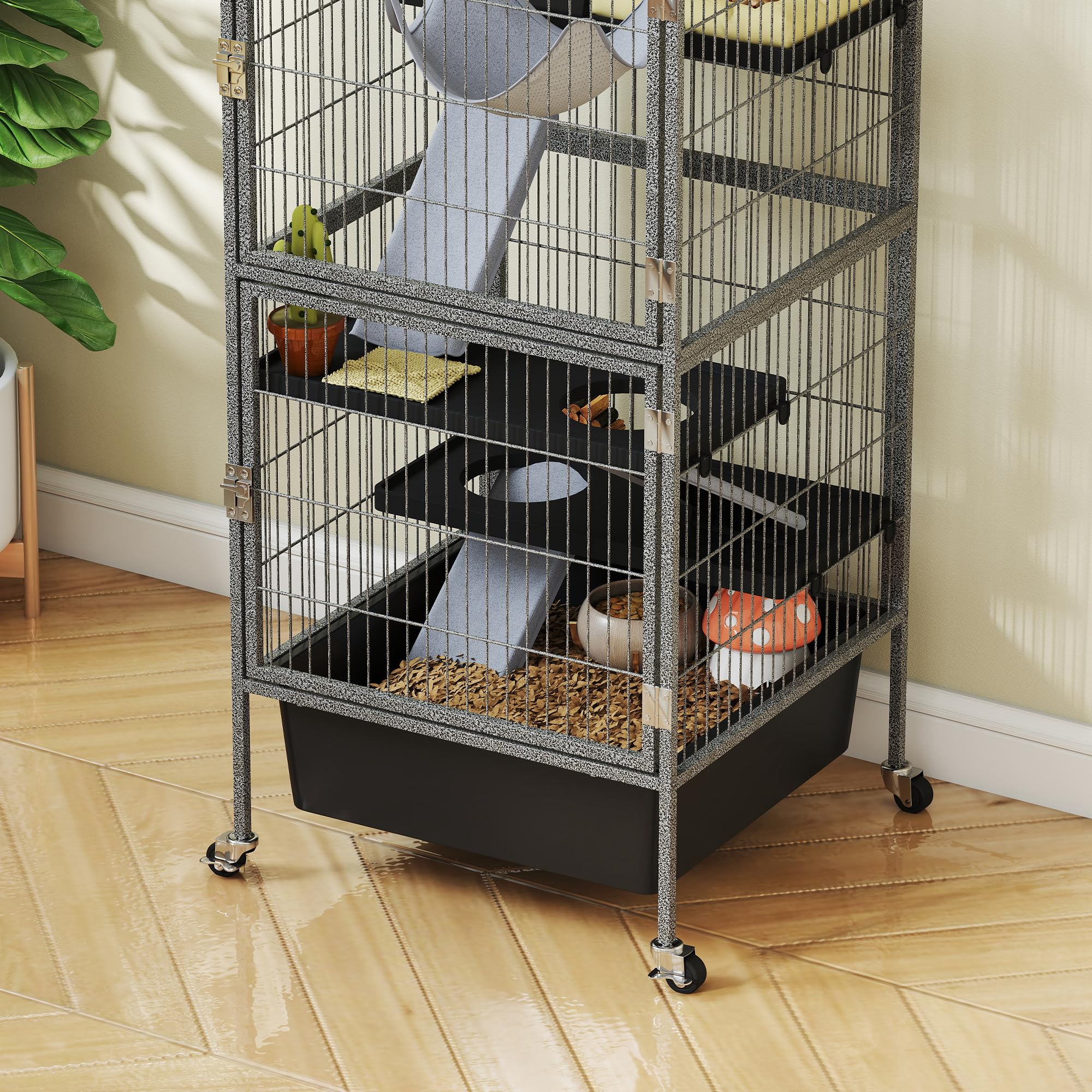 PawHut Gabbia per Piccoli Animali/Furetti 52x52x115 cm Grigio | Piattaforme, Rampe e Amaca, Vassoio Rimovibile, Ruote con Freno, Casetta per Conigli e Furetti a 4 Livelli