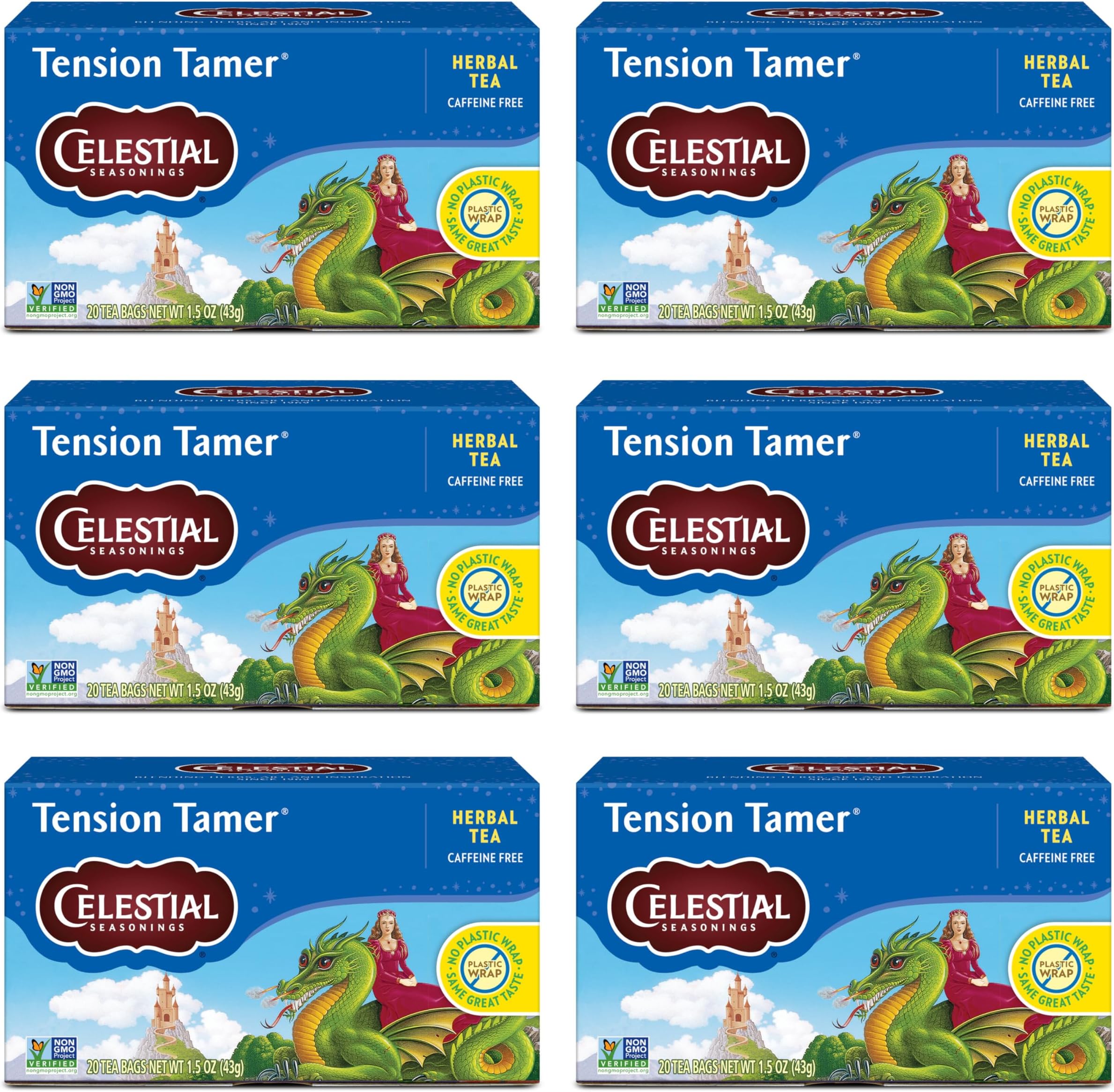 Celestial Seasonings Tension Tamer Herbal Tea, Caffeine Free, 20 Tea Bags Box (Pack of 6)